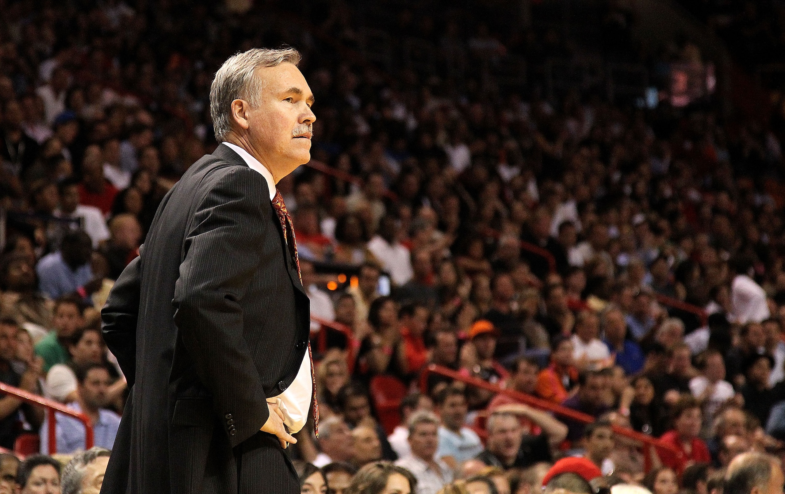 MIAMI, FL - FEBRUARY 27:  New York Knicks head coach Mike D'Antoni looks on during a foul shot during a game gainst the Miami Heat at American Airlines Arena on February 27, 2011 in Miami, Florida. NOTE TO USER: User expressly acknowledges and agrees that