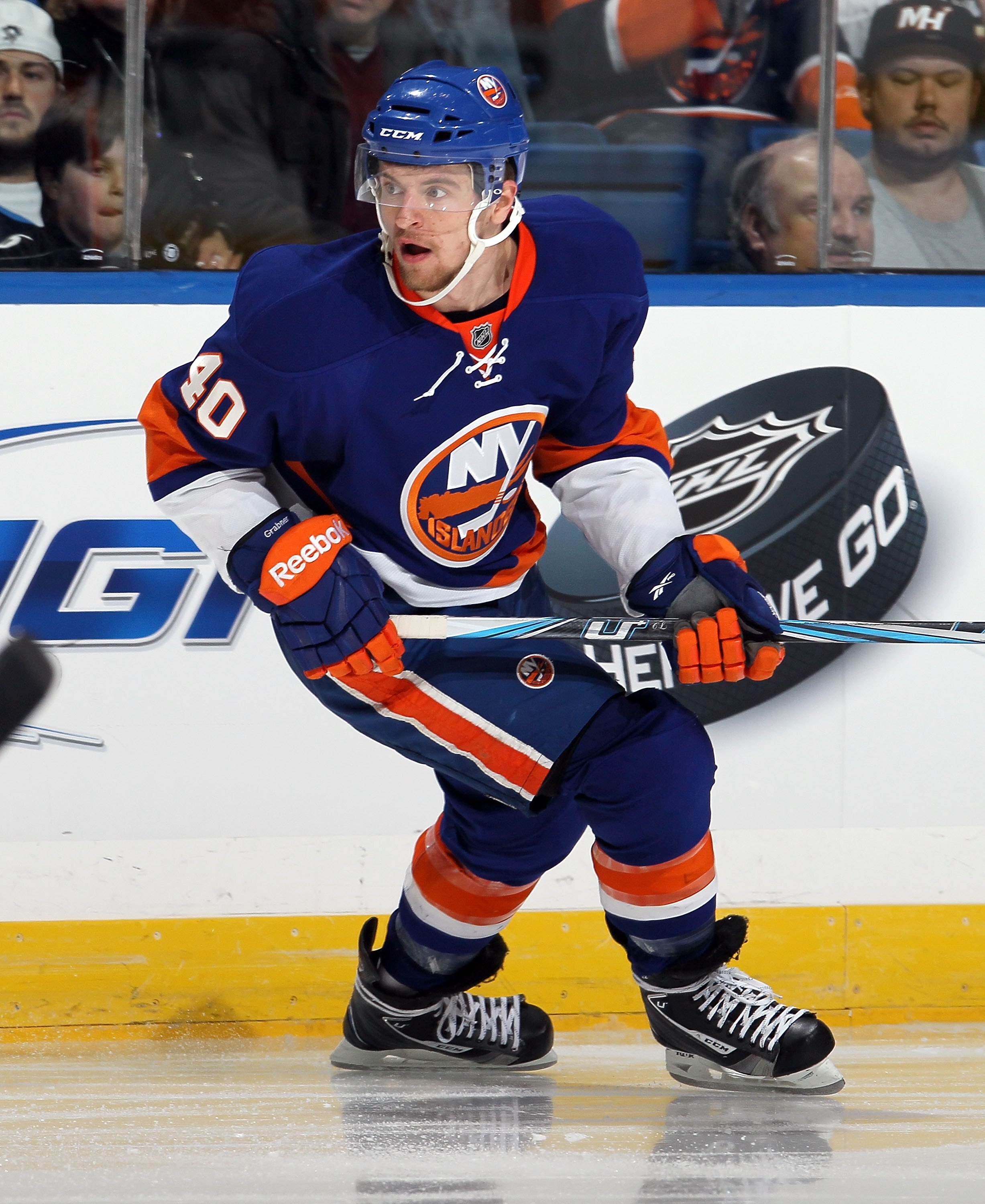 UNIONDALE, NY - FEBRUARY 11:  Michael Grabner #40 of the New York Islanders in action against the Pittsburgh Penguins on February 11, 2011 at Nassau Coliseum in Uniondale, New York. The Isles defeated the Pens 9-3.  (Photo by Jim McIsaac/Getty Images)