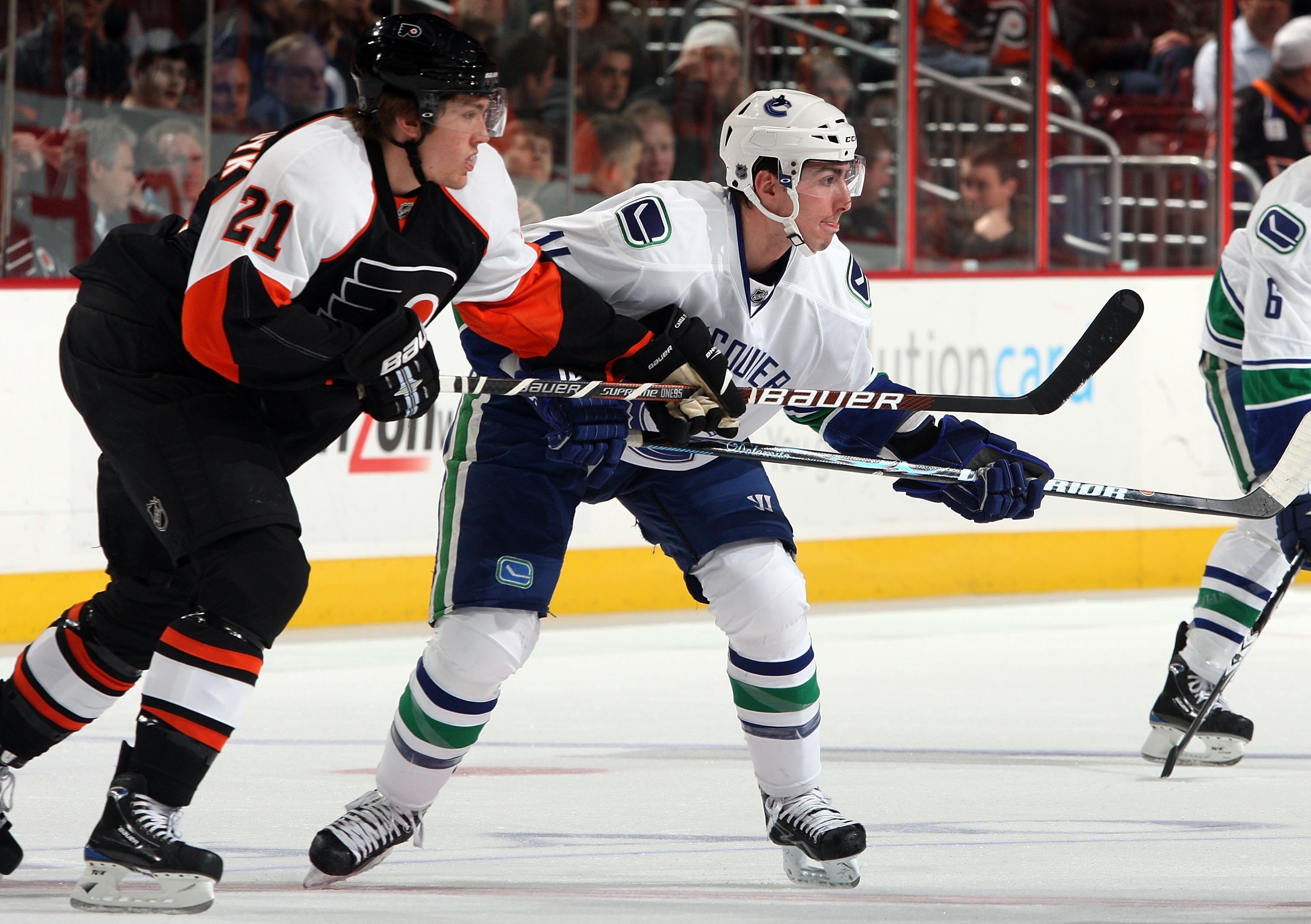 PHILADELPHIA - DECEMBER 03: Alexandre Burrows #14 of the Vancouver Canucks skates against James van Riemsdyk #21 of the Philadelphia Flyers on December 3, 2009 at Wachovia Center in Philadelphia, Pennsylvania. The Canucks defeated the Flyers 3-0. (Photo PHILADELPHIA - DECEMBER 03: Alexandre Burrows #14 of the Vancouver Canucks skates against James van Riemsdyk #21 of the Philadelphia Flyers on December 3, 2009 at Wachovia Center in Philadelphia, Pennsylvania. The Canucks defeated the Flyers 3-0. (Photo