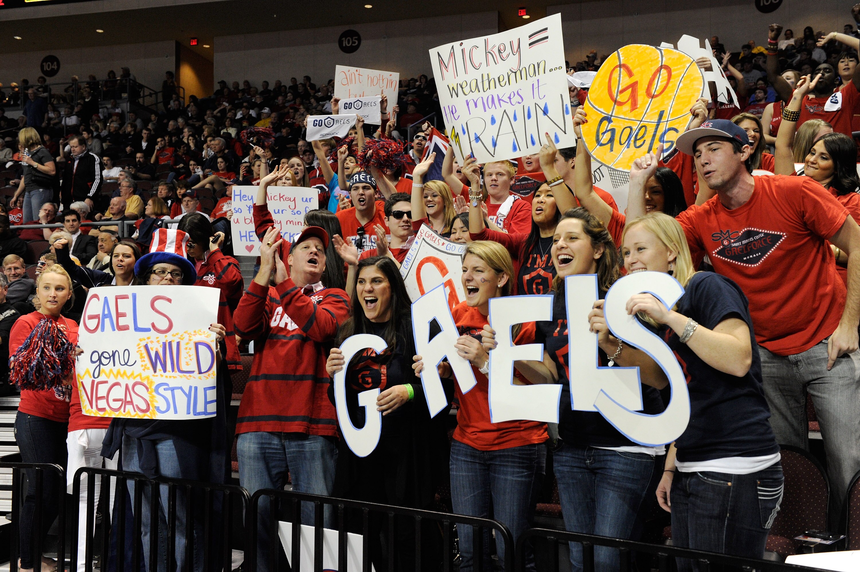 LAS VEGAS, NV - MARCH 06:  Saint Mary's Gaels fans hold signs in the stands during a semifinal game of the Zappos.com West Coast Conference Basketball tournament against the Santa Clara Broncos at the Orleans Arena March 6, 2011 in Las Vegas, Nevada. Sain