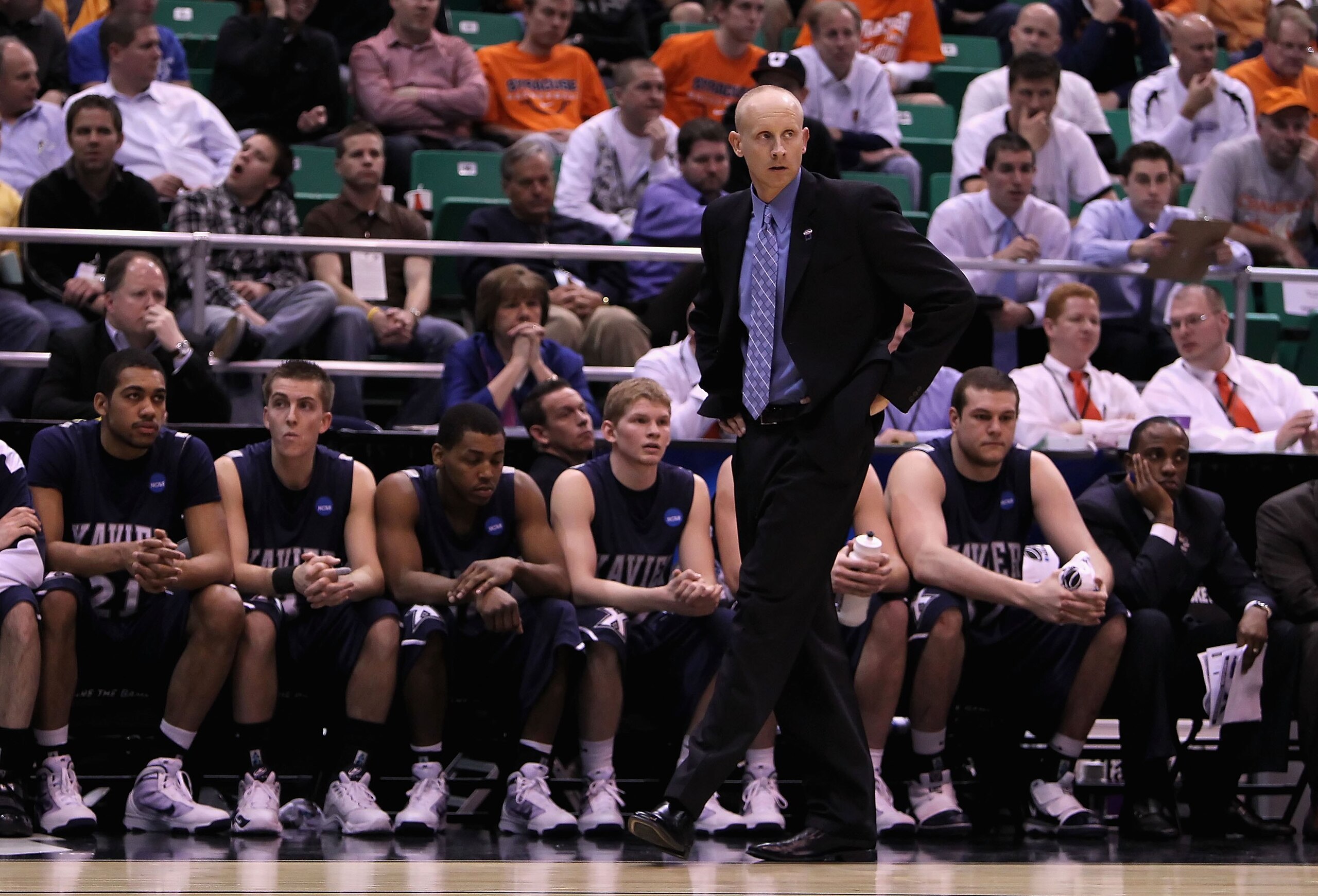 SALT LAKE CITY - MARCH 25:  Head coach Chris Mack of the Xavier Musketeers coaches during the west regional semifinal of the 2010 NCAA men's basketball against the Kansas State Wildcats tournament at the Energy Solutions Arena on March 25, 2010 in Salt La