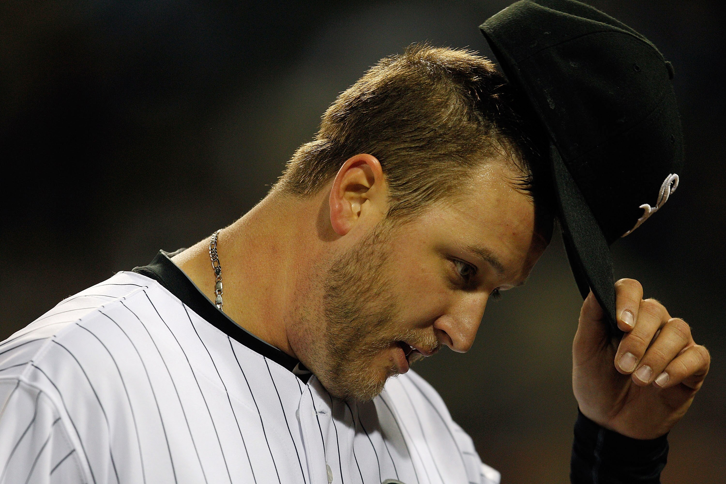 CHICAGO - APRIL 21: Starting pitcher Mark Buehrle #56 of the Chicago White Sox walks to the dugout after being taken out of a game against the Tampa Bay Rays at U.S. Cellular Field on April 21, 2010 in Chicago, Illinois.  (Photo by Jonathan Daniel/Getty I