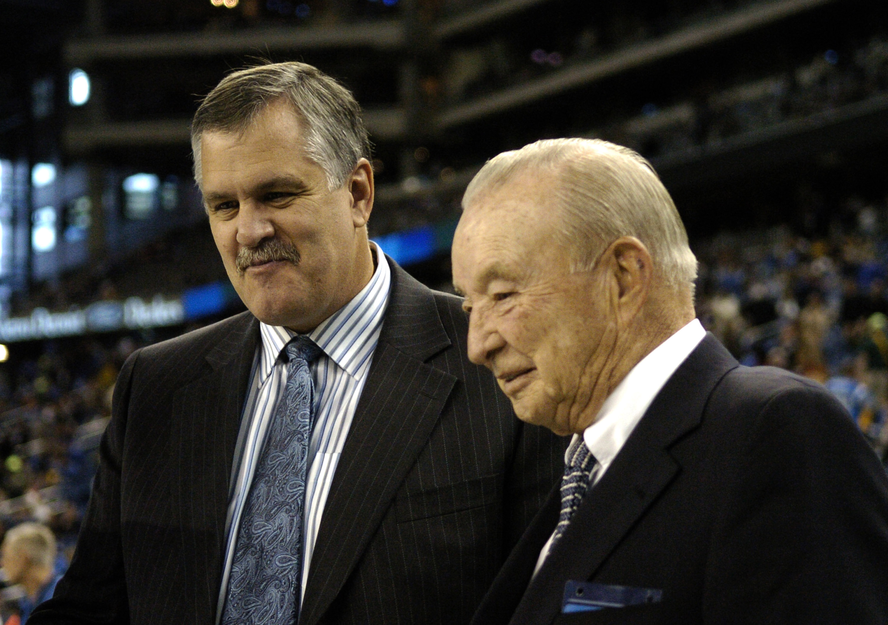Detroit Lions general manager Matt Millen and owner William Clay Ford on the sidelines during a Thanksgiving Day game, November 24, 2005, at Ford Field, Detroit.  The Atlanta Falcons defeated the Lions 27 - 7.  (Photo by Al Messerschmidt/Getty Images)
