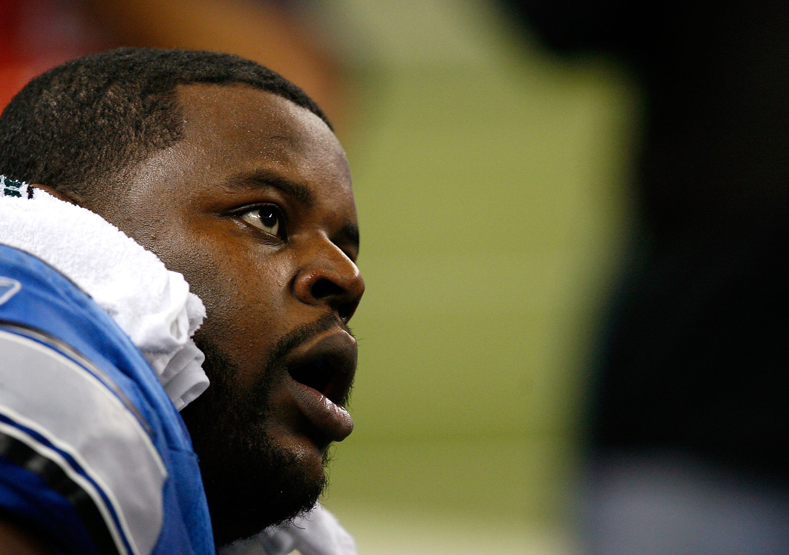 DETROIT - NOVEMBER 04: Defensive tackle Shaun Rogers #92 of the Detroit Lions catches his breath on the bench after returning an interception 66 yards for a touchdown against the Denver Broncos during the second half at Ford Field November 4, 2007 in Det DETROIT - NOVEMBER 04: Defensive tackle Shaun Rogers #92 of the Detroit Lions catches his breath on the bench after returning an interception 66 yards for a touchdown against the Denver Broncos during the second half at Ford Field November 4, 2007 in Det