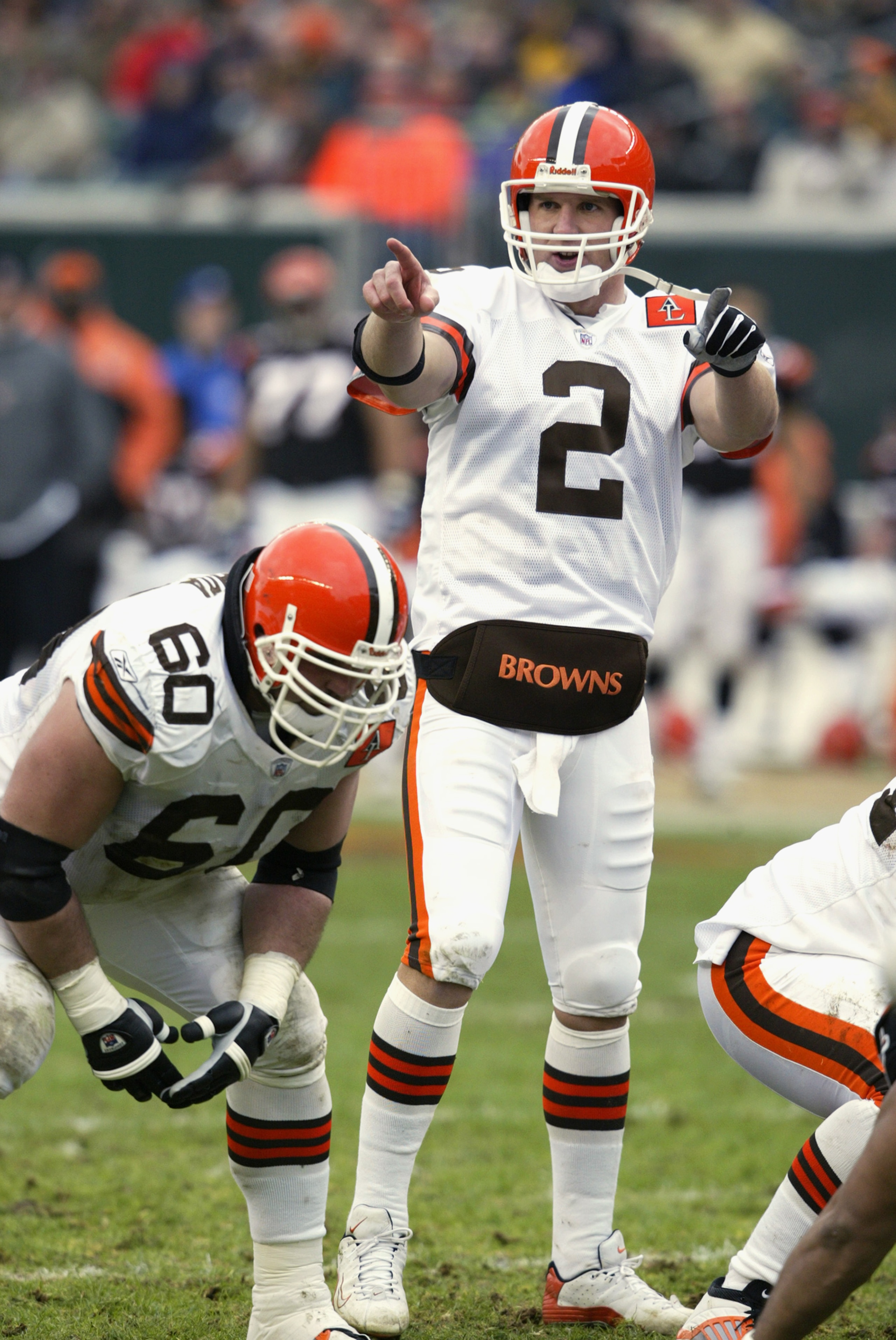 CINCINNATI - NOVEMBER 17:  Quarterback Tim Couch #2 of the Cleveland Browns calls the play at the line of scrimmage during the NFL game against the Cincinnati Bengals at Paul Brown Stadium on November 17, 2002 in Cincinnati, Ohio. The Browns defeated the
