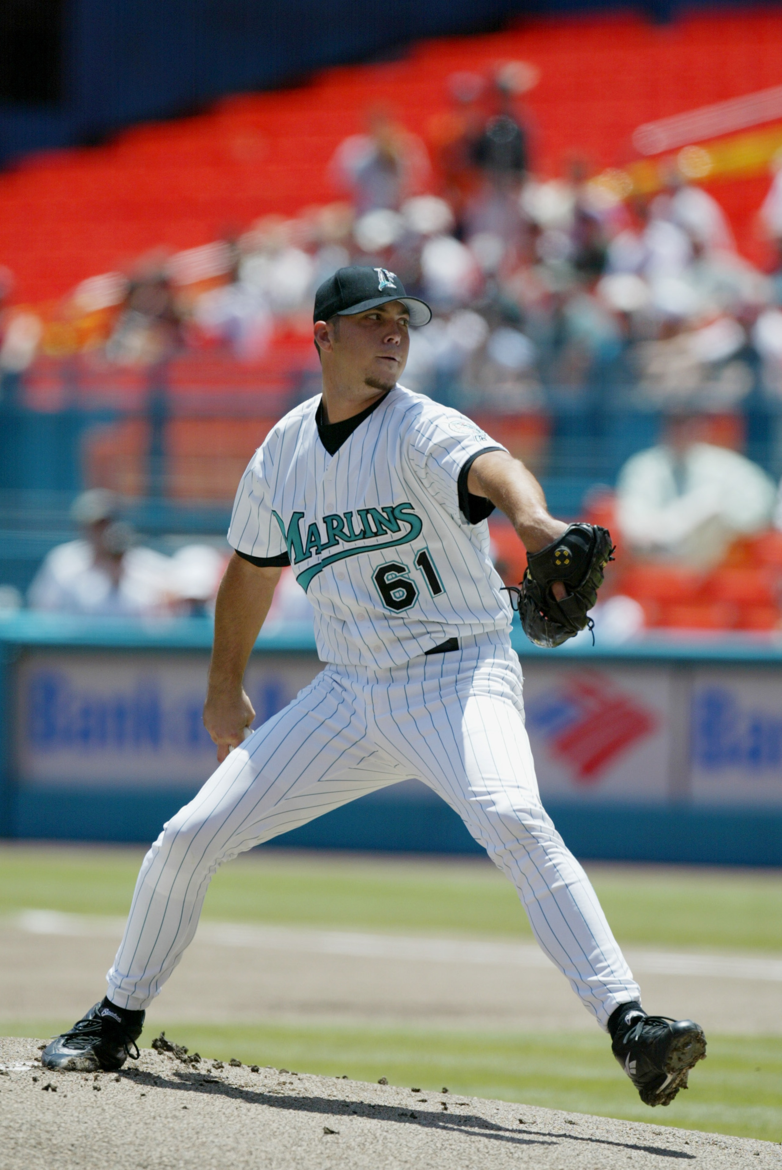 MIAMI - APRIL 28 :  Pitcher Josh Beckett #61 of the Florida Marlins pitches the ball during the MLB game against the Arizona Diamondbacks at Pro Player Stadium in Miami, Florida on April 28, 2002.  The Diamondbacks won 5-4. (Photo by Eliot Schechter/Getty