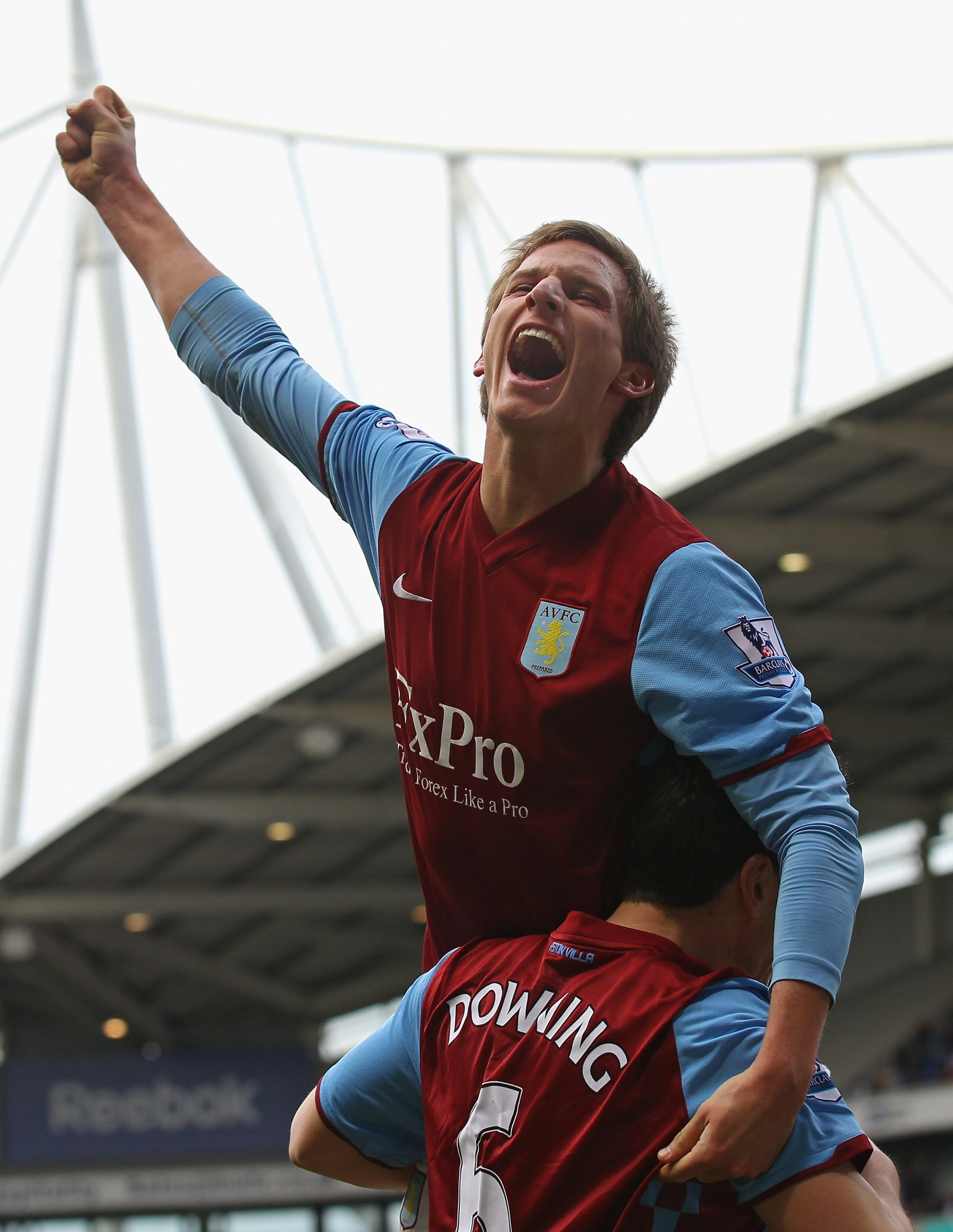 BOLTON, ENGLAND - MARCH 05:  Marc Albrighton of Aston Villa celebrates after scoring his goal during the Barclays Premier League match between Bolton Wanderers and Aston Villa at the Reebok Stadium on March 5, 2011 in Bolton, England.  (Photo by Alex Live