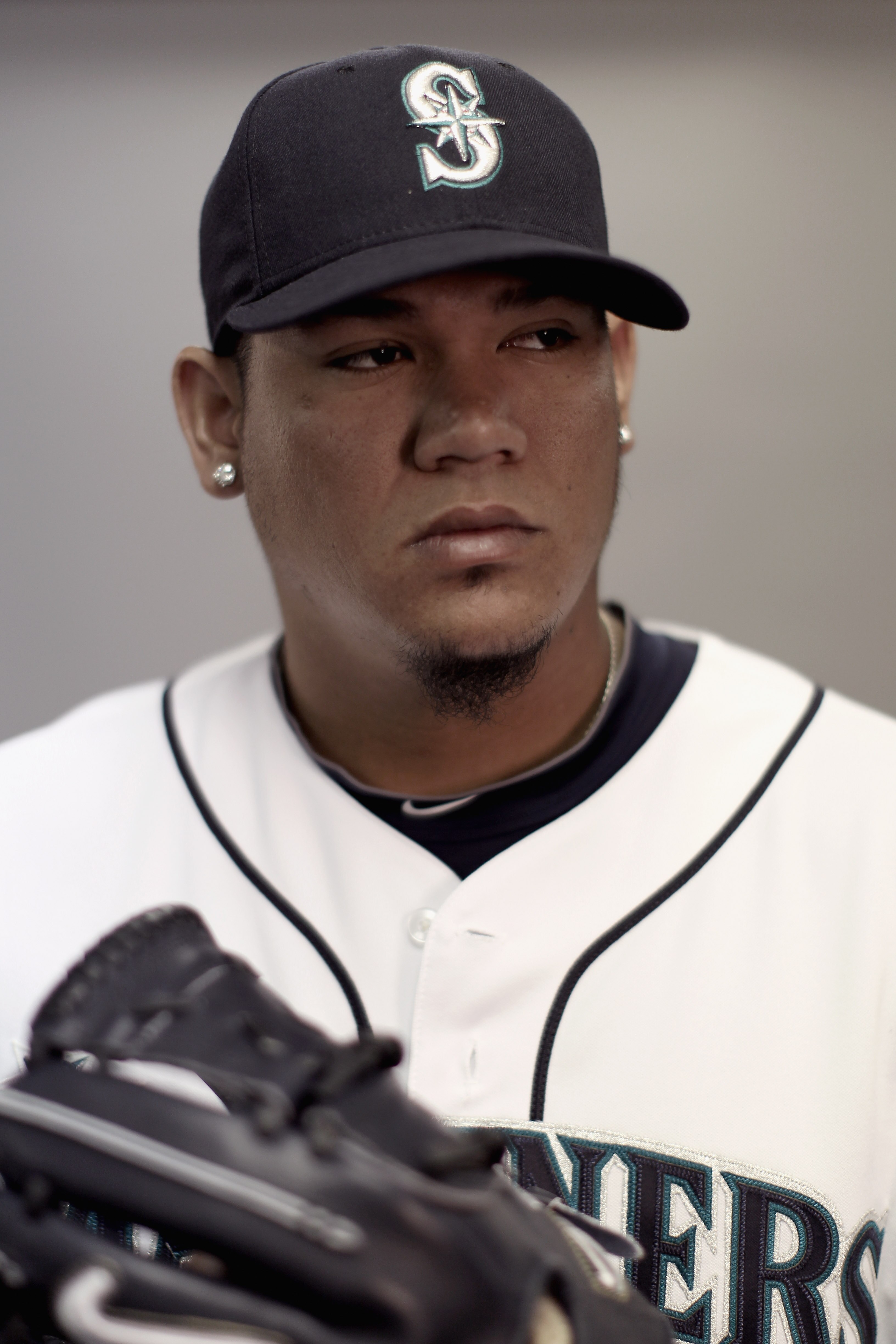 PEORIA, AZ - FEBRUARY 20:  (EDITORS NOTE : THIS IMAGE HAS BEEN DIGITALLY DESATURATED.) Felix Hernandez #34 of the Seattle Mariners poses for a portrait at the Peoria Sports Complex on February 20, 2011 in Peoria, Arizona.  (Photo by Ezra Shaw/Getty Images