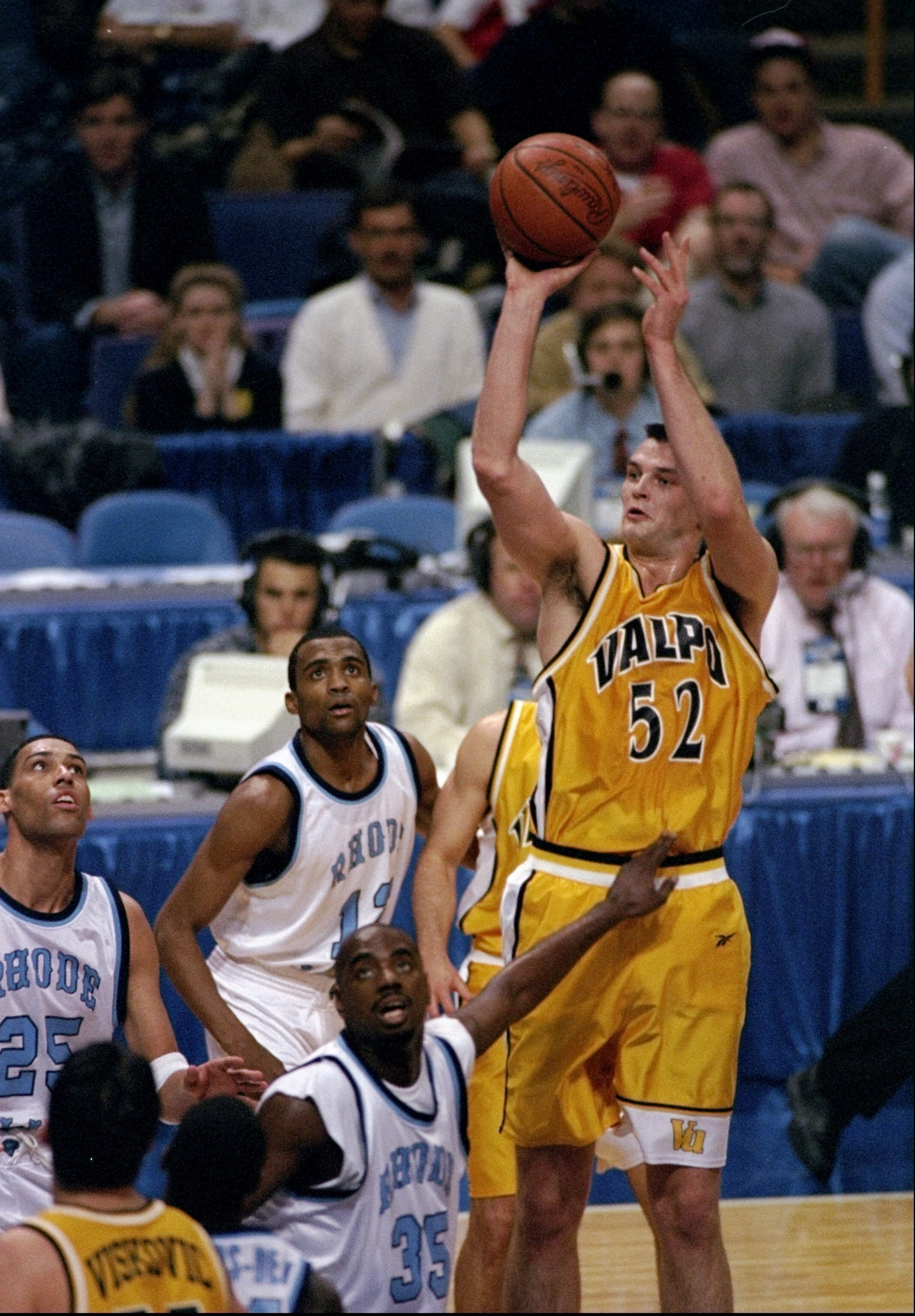 20 Mar 1998:  Center Antanas Vilcinskas of the Valparaiso Crusaders (right) in action against forward Joshua King and center Luther Clay of the Rhode Island Rams during an NCAA tournament game.  Rhode Island defeated Valparaiso 74-68. Mandatory Credit: Ma