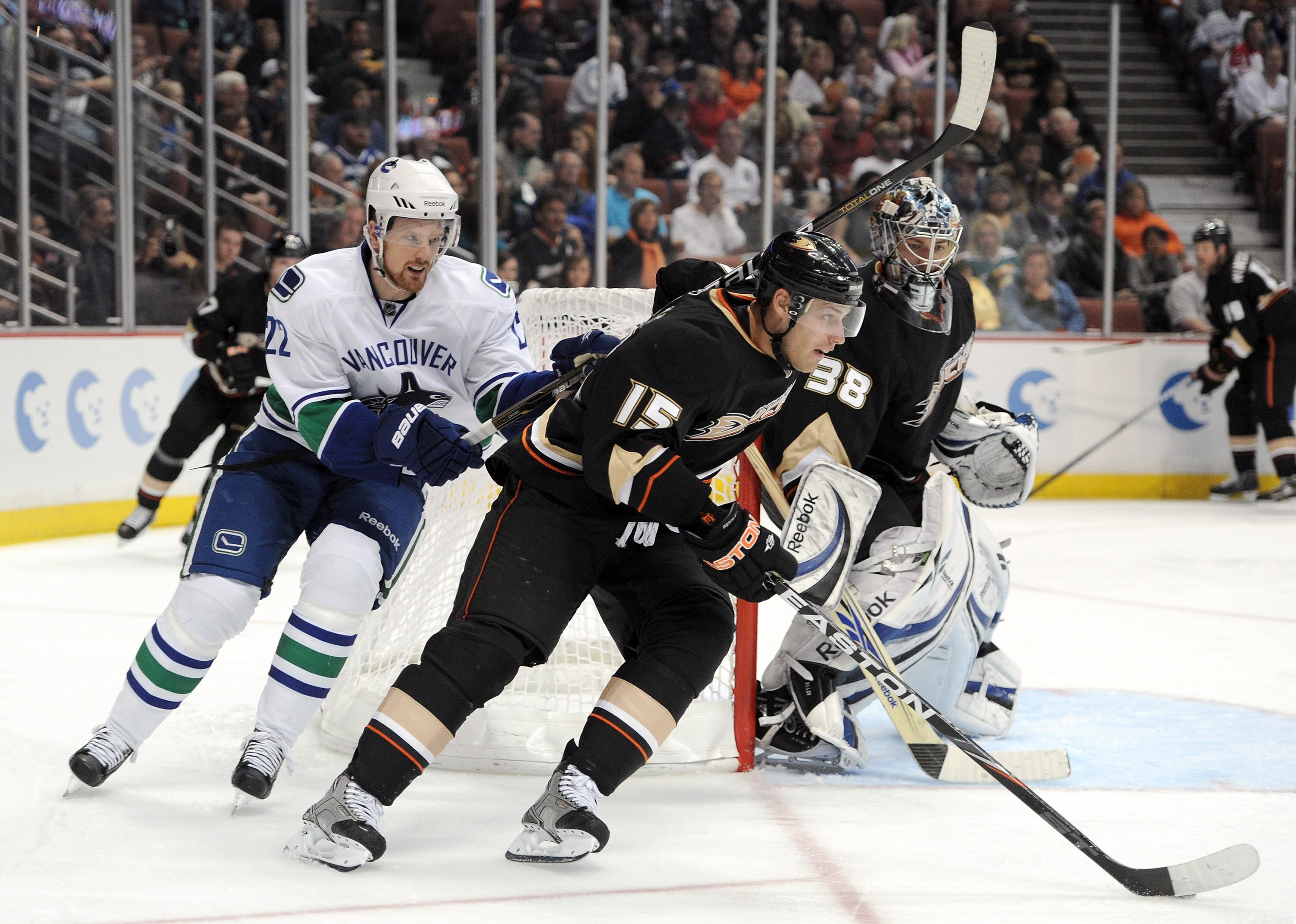 ANAHEIM, CA - MARCH 06: Ryan Getzlaf #15 of the Anaheim Ducks is chased by Daniel Sedin #22 of the Vancouver Canucks during the second period at the Honda Center on March 6, 2011 in Anaheim, California. (Photo by Harry How/Getty Images) ANAHEIM, CA - MARCH 06: Ryan Getzlaf #15 of the Anaheim Ducks is chased by Daniel Sedin #22 of the Vancouver Canucks during the second period at the Honda Center on March 6, 2011 in Anaheim, California. (Photo by Harry How/Getty Images)
