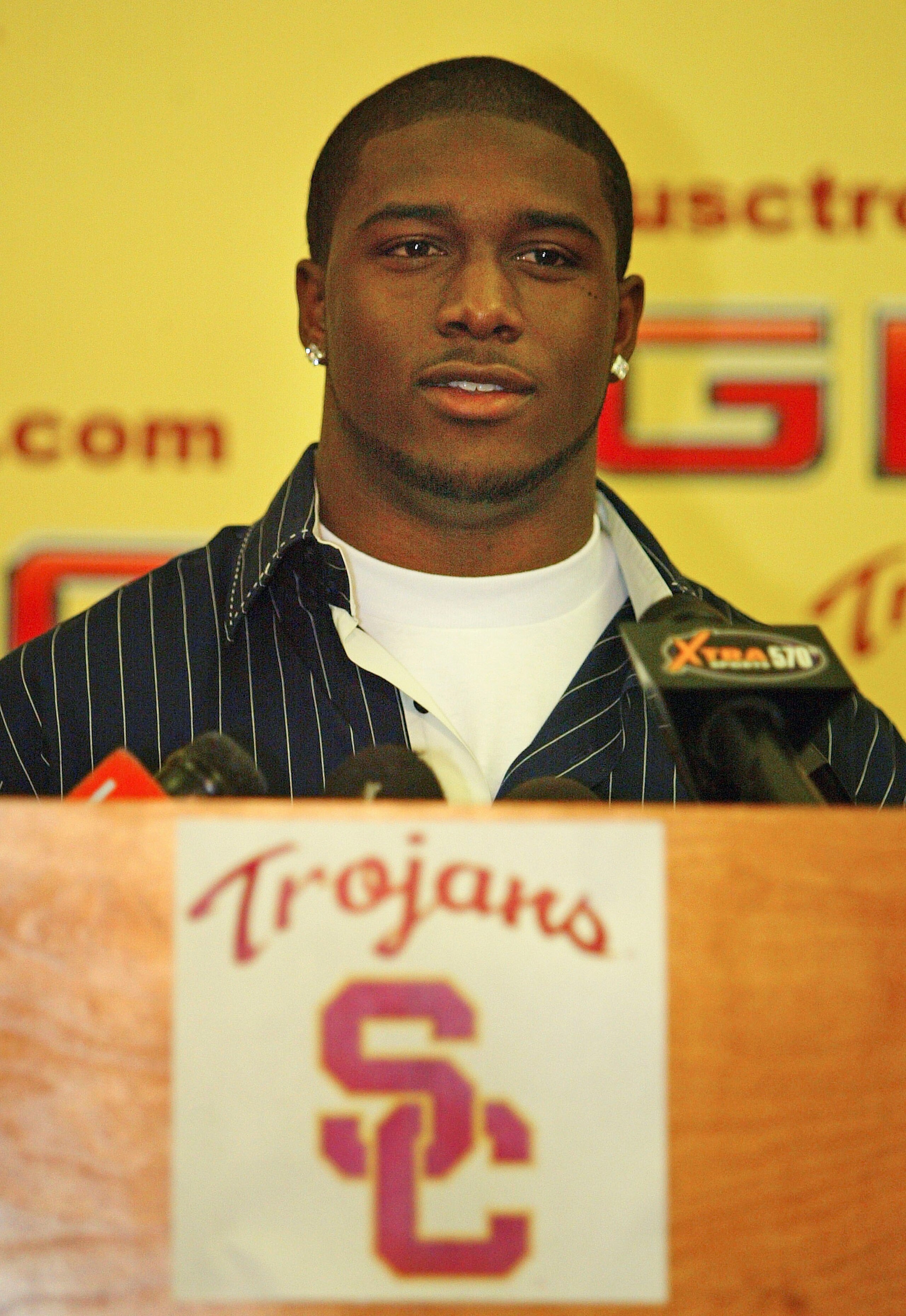 LOS ANGELES - JANUARY 12:  Reggie Bush of the USC Trojans announces that he will forgo his senior year and enter the 2006 NFL Draft during a press conference on January 12, 2006 at Heritage Hall on the University of Southern California (USC) Campus in Los