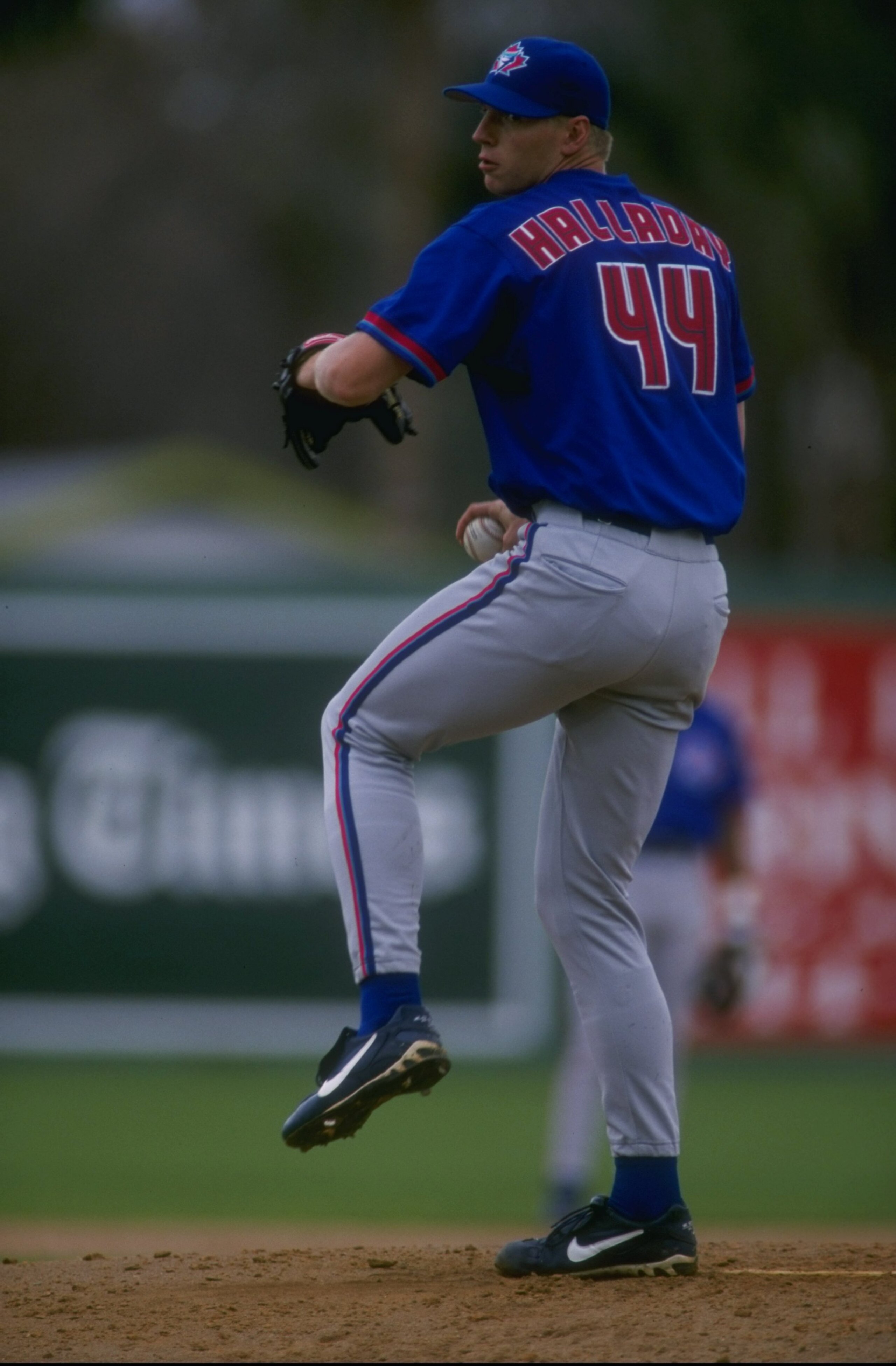 28 Feb 1998:  Pitcher Roy Halladay of the Toronto Blue Jays in action during a spring training game against the Philadelphia Phillies at the Jack Russell Memorial Stadium in Clearwater, Florida. The Blue Jays defeated the Phillies 3-0. Mandatory Credit: S