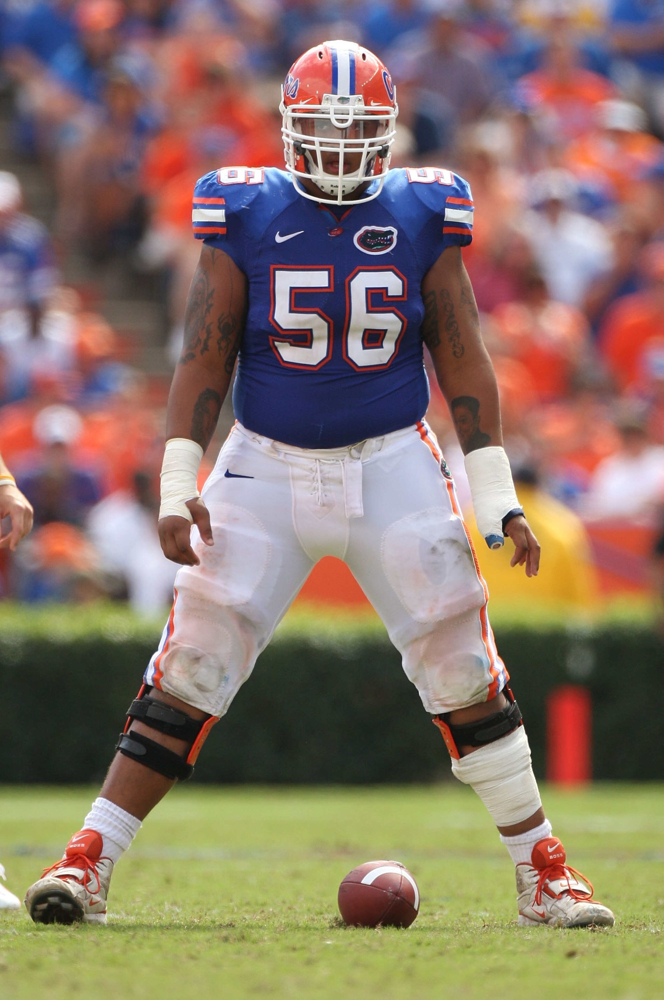 GAINESVILLE, FL - OCTOBER 25:  Maurkice Pouncey #56 of the Florida Gators lines up in a game against the Kentucky Wildcats at Ben Hill Griffin Stadium on October 25, 2008 in Gainesville, Florida.  (Photo by Sam Greenwood/Getty Images)