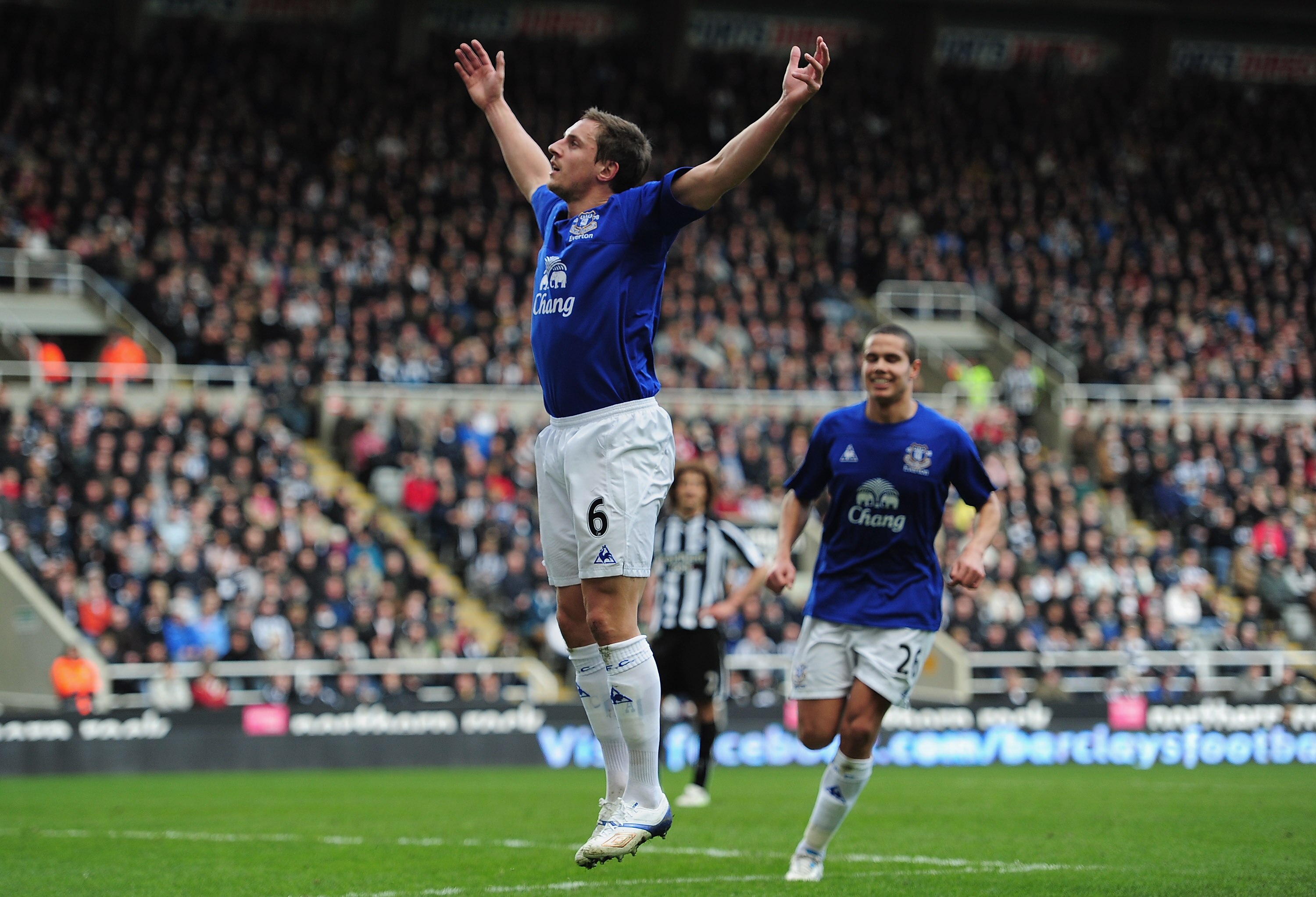 NEWCASTLE UPON TYNE, ENGLAND - MARCH 05:  Phill Jagielka of Everton celebrates his goal during the Barclays Premier League match between Newcastle United and Everton at St James' Park on March 5, 2011 in Newcastle upon Tyne, England.  (Photo by Jamie McDo