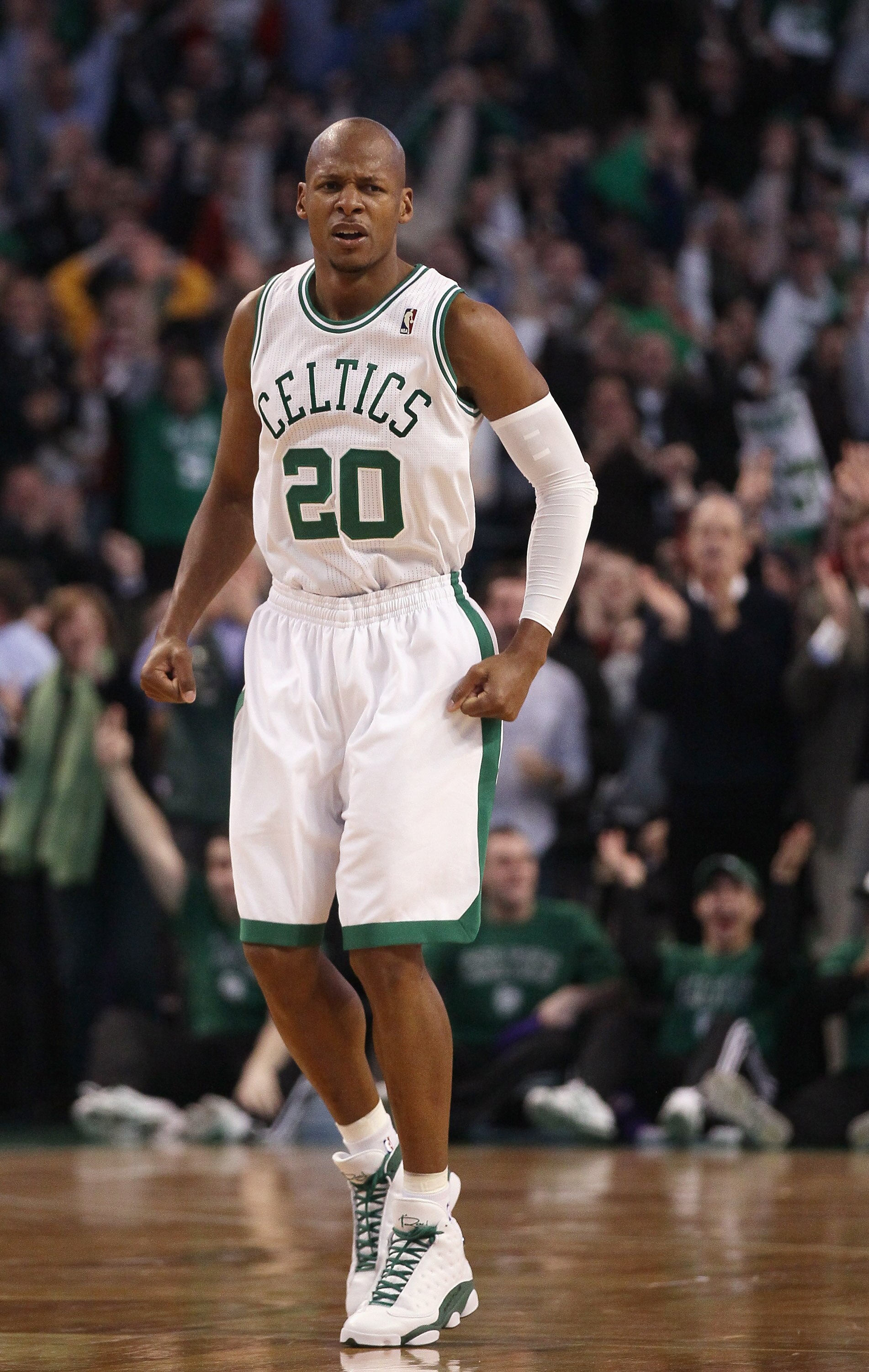 BOSTON, MA - FEBRUARY 10:  Ray Allen #20 of the Boston Celtics celebrates after his 3-point shot against the Los Angeles Lakers to break the NBA career 3-point record previously held by Reggie Miller of the Indiana Pacers on February 10, 2011 at the TD Ga