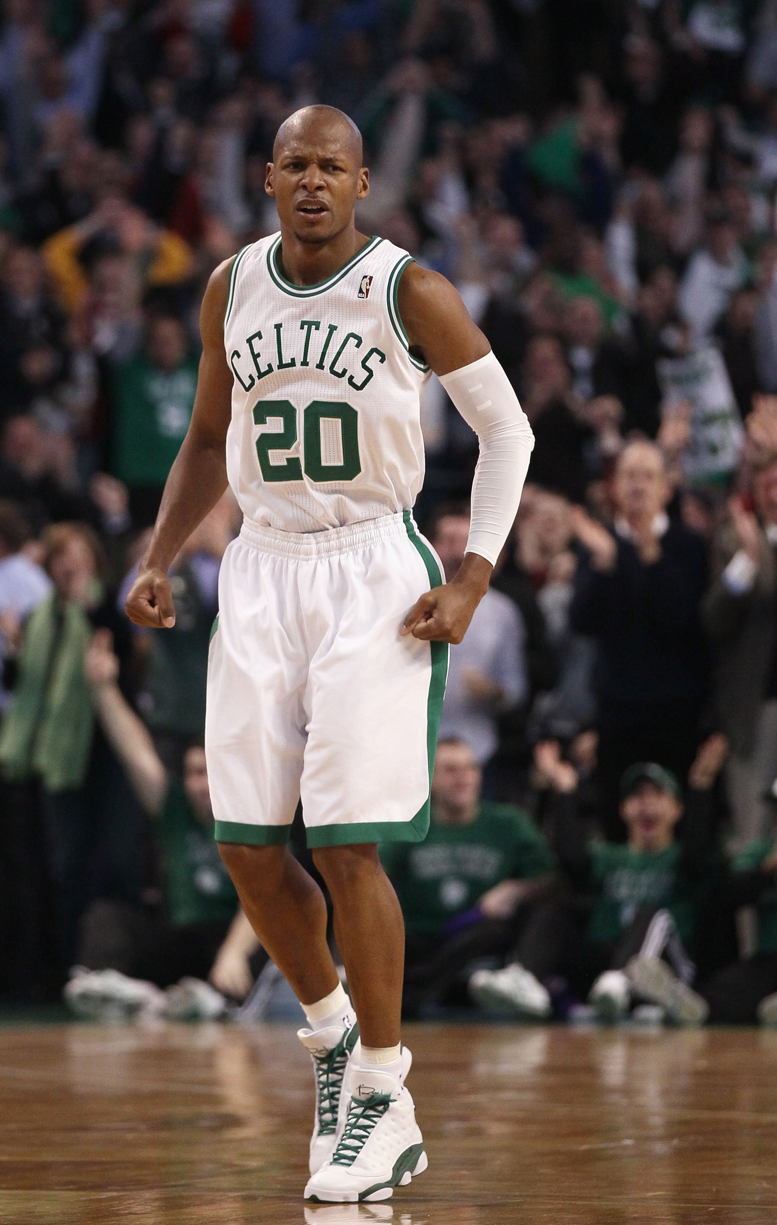 BOSTON, MA - FEBRUARY 10: Ray Allen #20 of the Boston Celtics celebrates after his 3-point shot against the Los Angeles Lakers to break the NBA career 3-point record previously held by Reggie Miller of the Indiana Pacers on February 10, 2011 at the TD Ga BOSTON, MA - FEBRUARY 10: Ray Allen #20 of the Boston Celtics celebrates after his 3-point shot against the Los Angeles Lakers to break the NBA career 3-point record previously held by Reggie Miller of the Indiana Pacers on February 10, 2011 at the TD Ga
