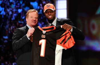 NEW YORK, NY - APRIL 28:  NFL Commissioner ROger Goodell poses for a photo with A.J. Green, #4 overall pick by the Cincinnati Bengals, as Green holds up a jersey during the 2011 NFL Draft at Radio City Music Hall on April 28, 2011 in New York City.  (Phot