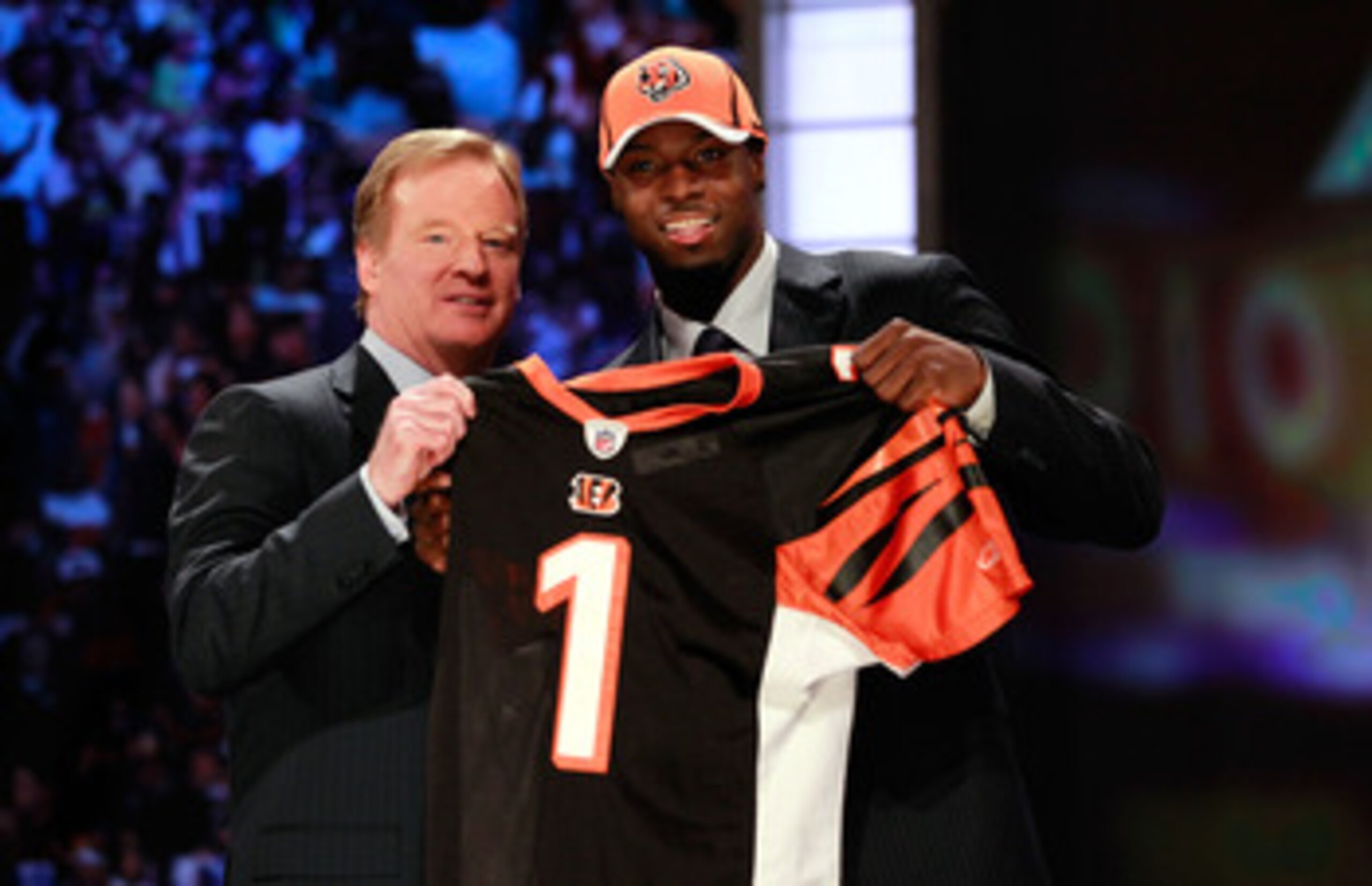 NEW YORK, NY - APRIL 28:  NFL Commissioner ROger Goodell poses for a photo with A.J. Green, #4 overall pick by the Cincinnati Bengals, as Green holds up a jersey during the 2011 NFL Draft at Radio City Music Hall on April 28, 2011 in New York City.  (Phot
