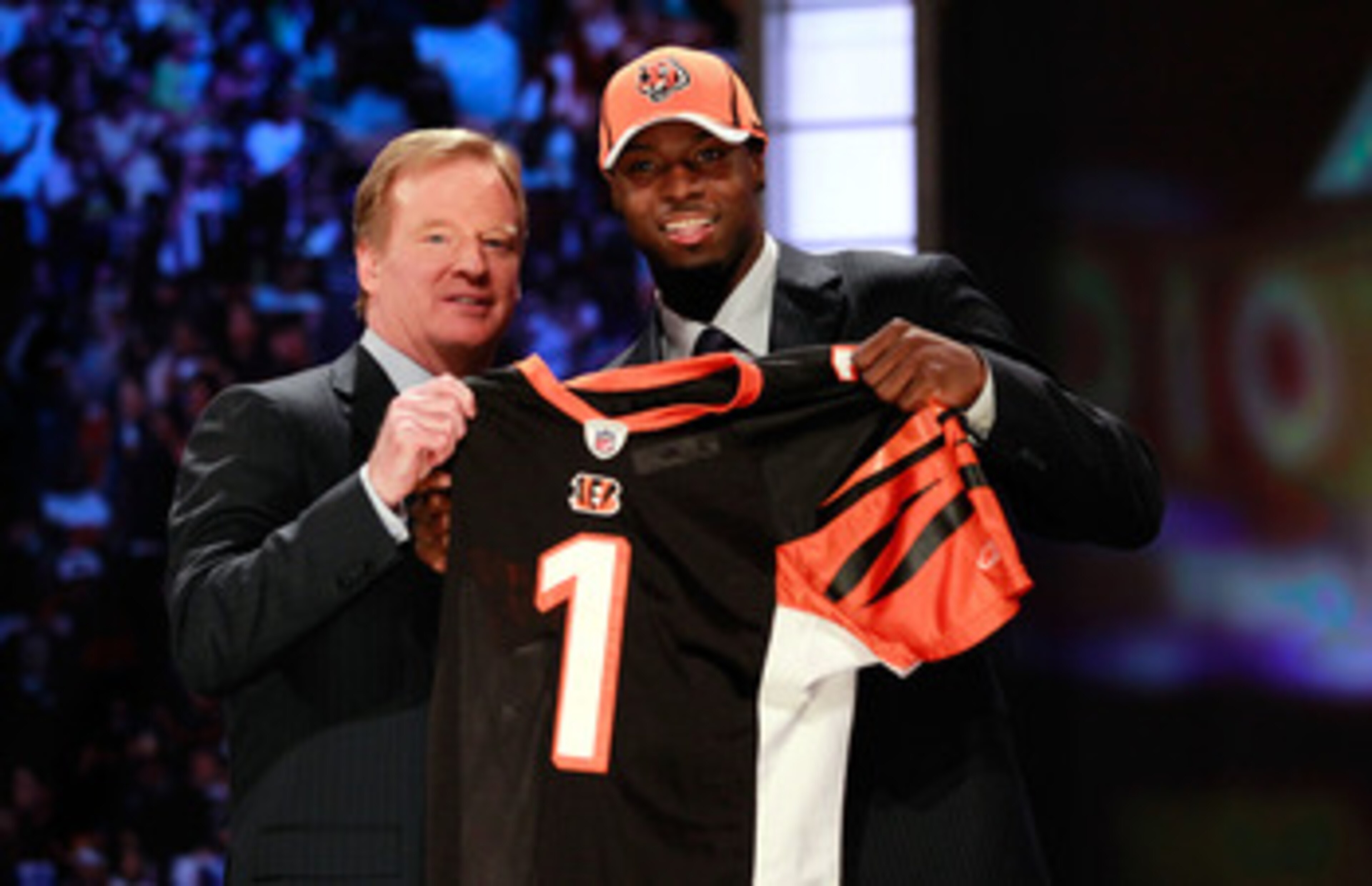 NEW YORK, NY - APRIL 28:  NFL Commissioner ROger Goodell poses for a photo with A.J. Green, #4 overall pick by the Cincinnati Bengals, as Green holds up a jersey during the 2011 NFL Draft at Radio City Music Hall on April 28, 2011 in New York City.  (Phot