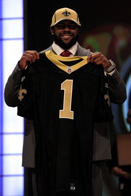 NEW YORK, NY - APRIL 28:  Mark Ingram, #28 overall pick by the New Orleans Saints, holds up a jersey on stage during the 2011 NFL Draft at Radio City Music Hall on April 28, 2011 in New York City.  (Photo by Chris Trotman/Getty Images)