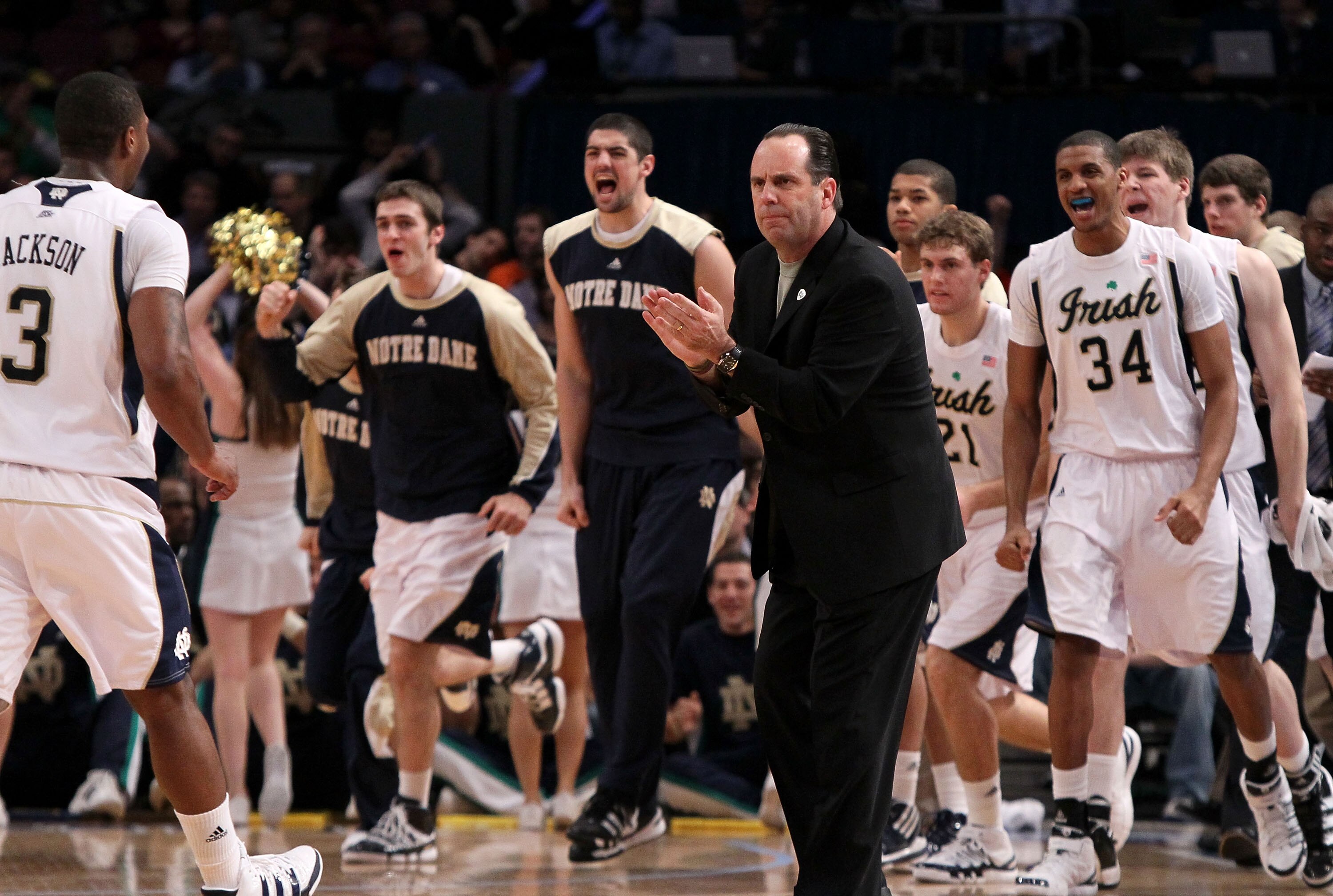 NEW YORK - MARCH 10:  Head coach Mike Brey of the Notre Dame Fighting Irish reacts with his team against the Seton Hall Pirates during the second round of 2010 NCAA Big East Tournament at Madison Square Garden on March 10, 2010 in New York City.  (Photo b