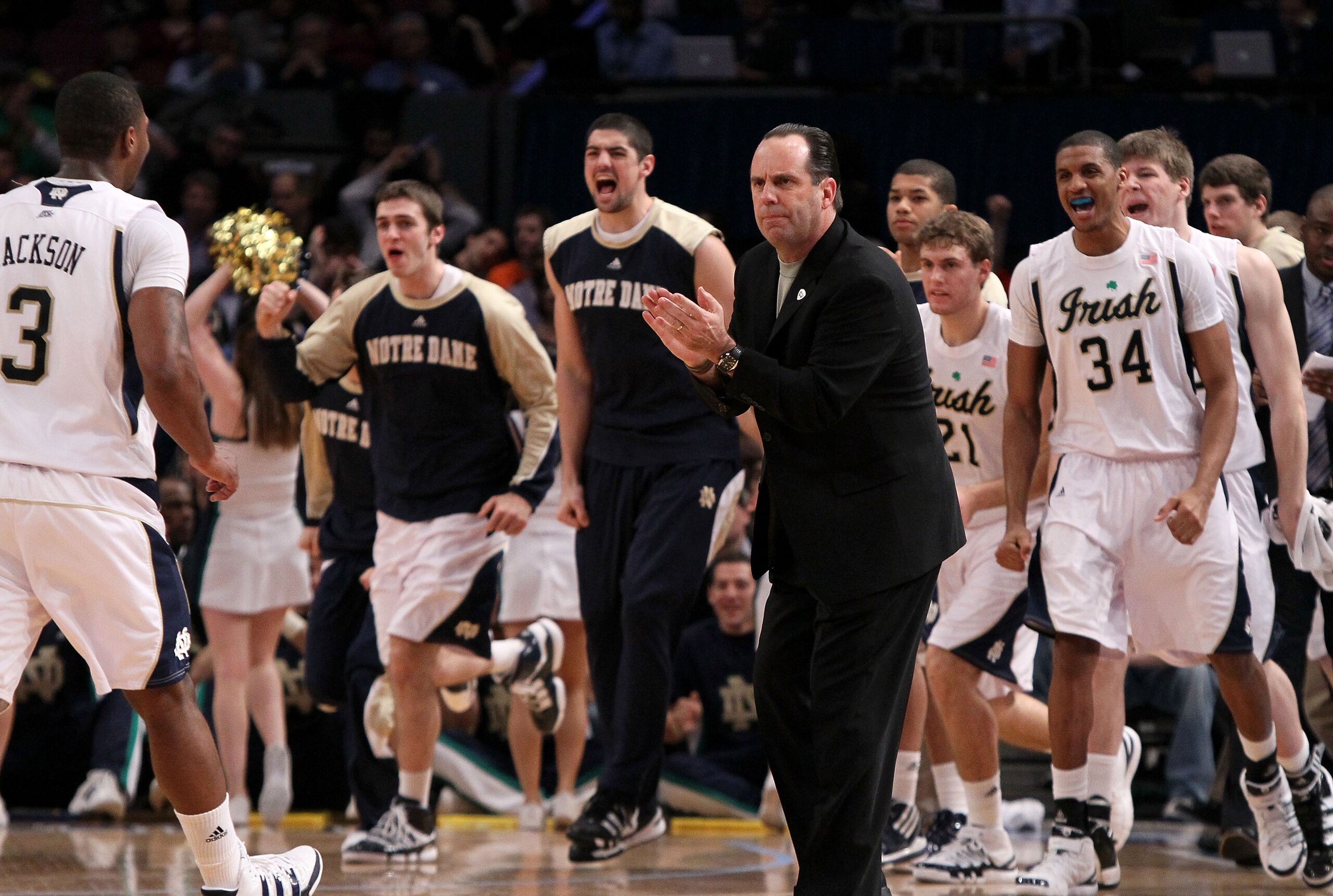 NEW YORK - MARCH 10:  Head coach Mike Brey of the Notre Dame Fighting Irish reacts with his team against the Seton Hall Pirates during the second round of 2010 NCAA Big East Tournament at Madison Square Garden on March 10, 2010 in New York City.  (Photo b