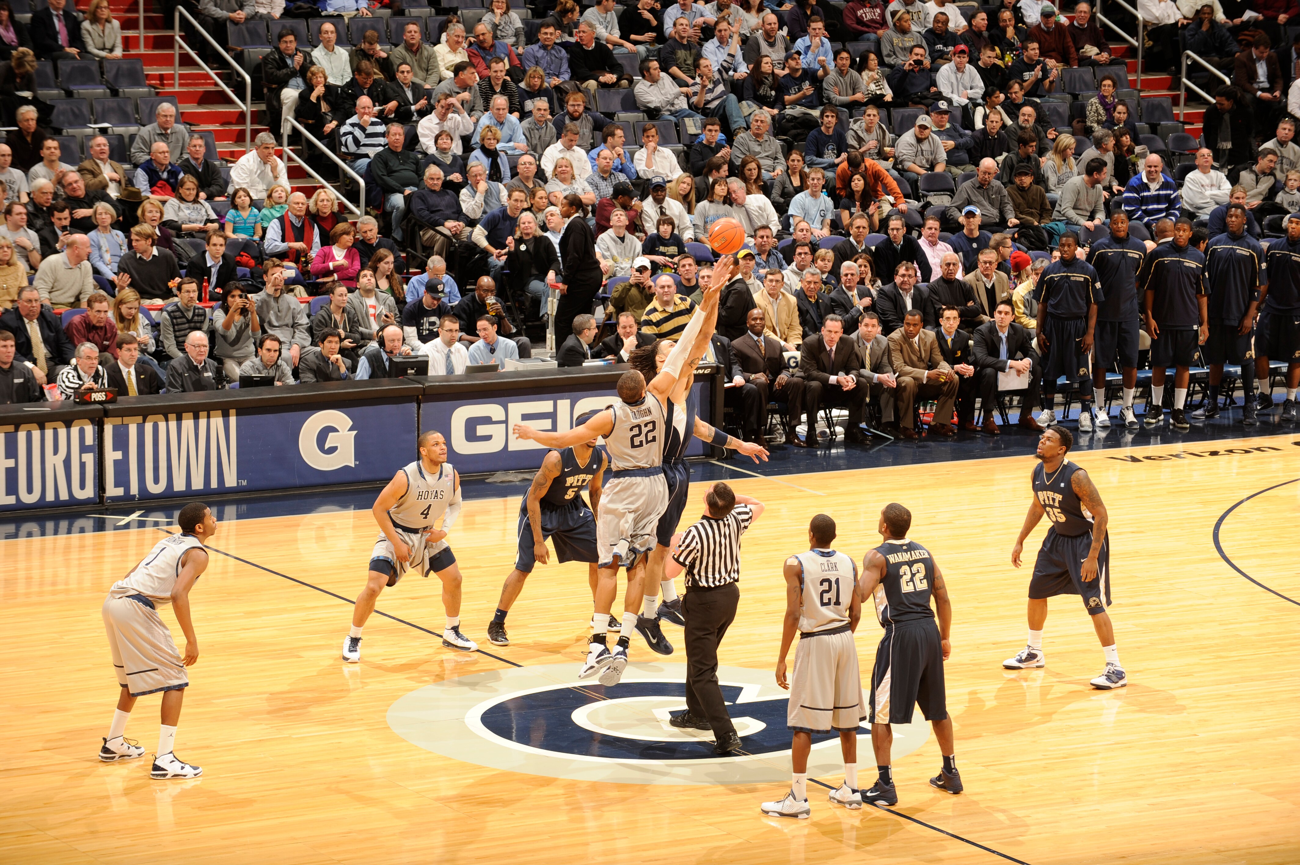 WASHINGTON, DC - JANUARY 12:  Tip off of Georgetown Hoyas and Pittsburgh Panthers during a college basketball game on January 12, 2011 at the Verizon Center in Washington, DC.   The Panthers won 72-57.  (Photo by Mitchell Layton/Getty Images)