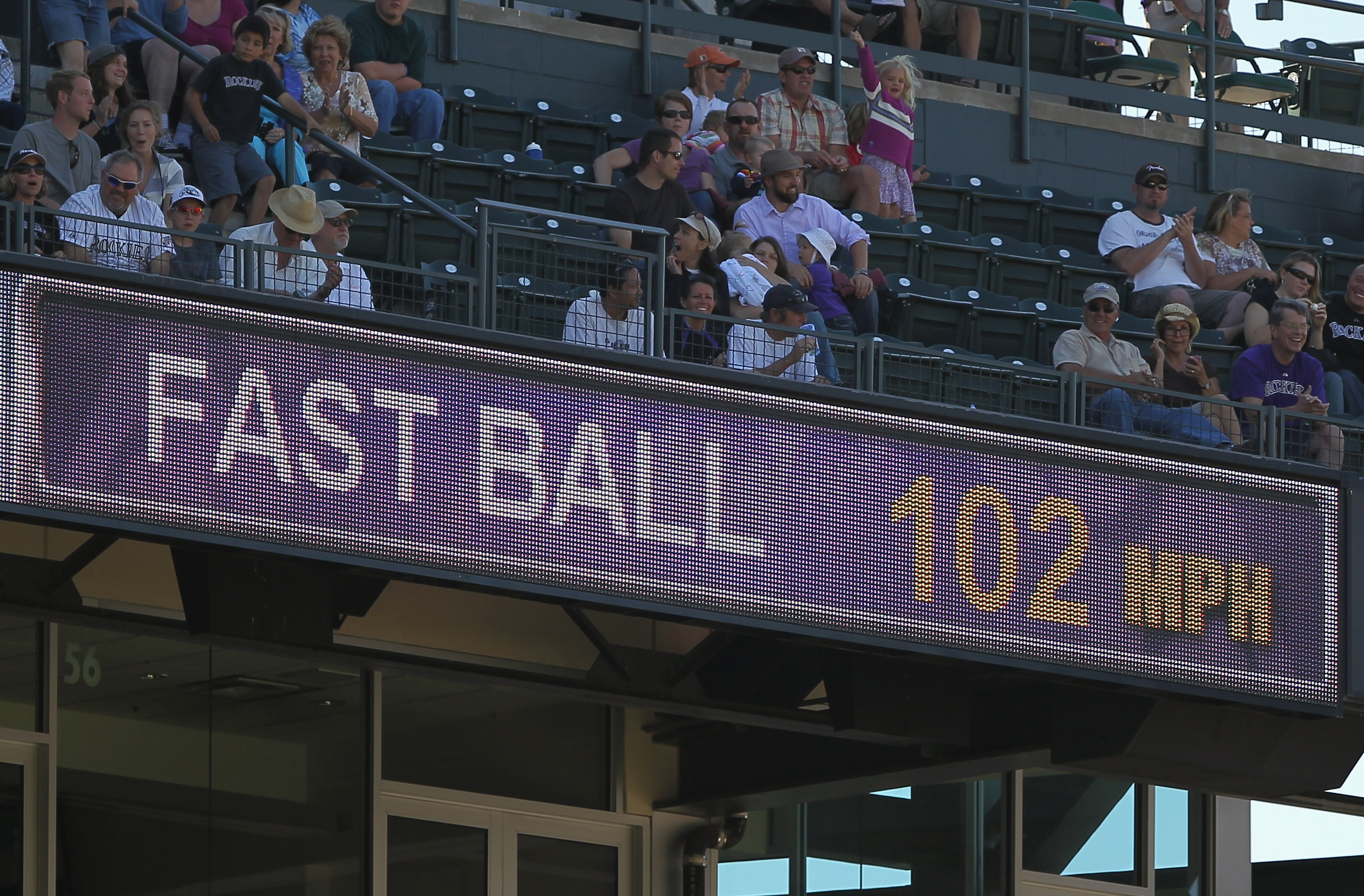 DENVER - SEPTEMBER 06:  The scoreboard shows 102 MPH registered on the radar gun on a pitch by relief pitcher Aroldis Chapman #54 of the Cincinnati Reds delivers against the Colorado Rockies at Coors Field on September 6, 2010 in Denver, Colorado. The Roc
