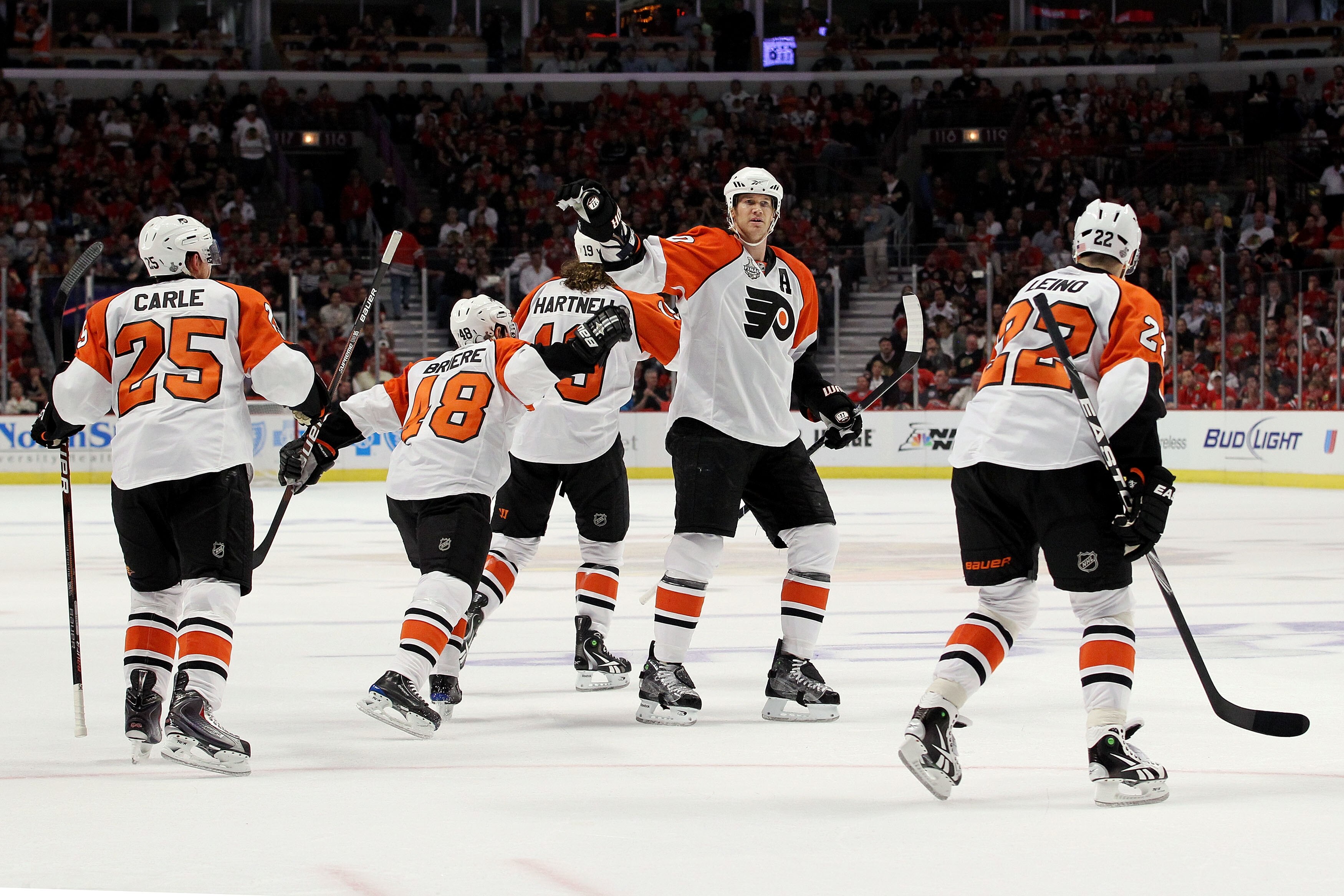 CHICAGO - MAY 29:  Danny Briere #48 of the Philadelphia Flyers celebrates with Chris Pronger #20 after scoring a goal in the first period against the Chicago Blackhawks in Game One of the 2010 NHL Stanley Cup Final at the United Center on May 29, 2010 in