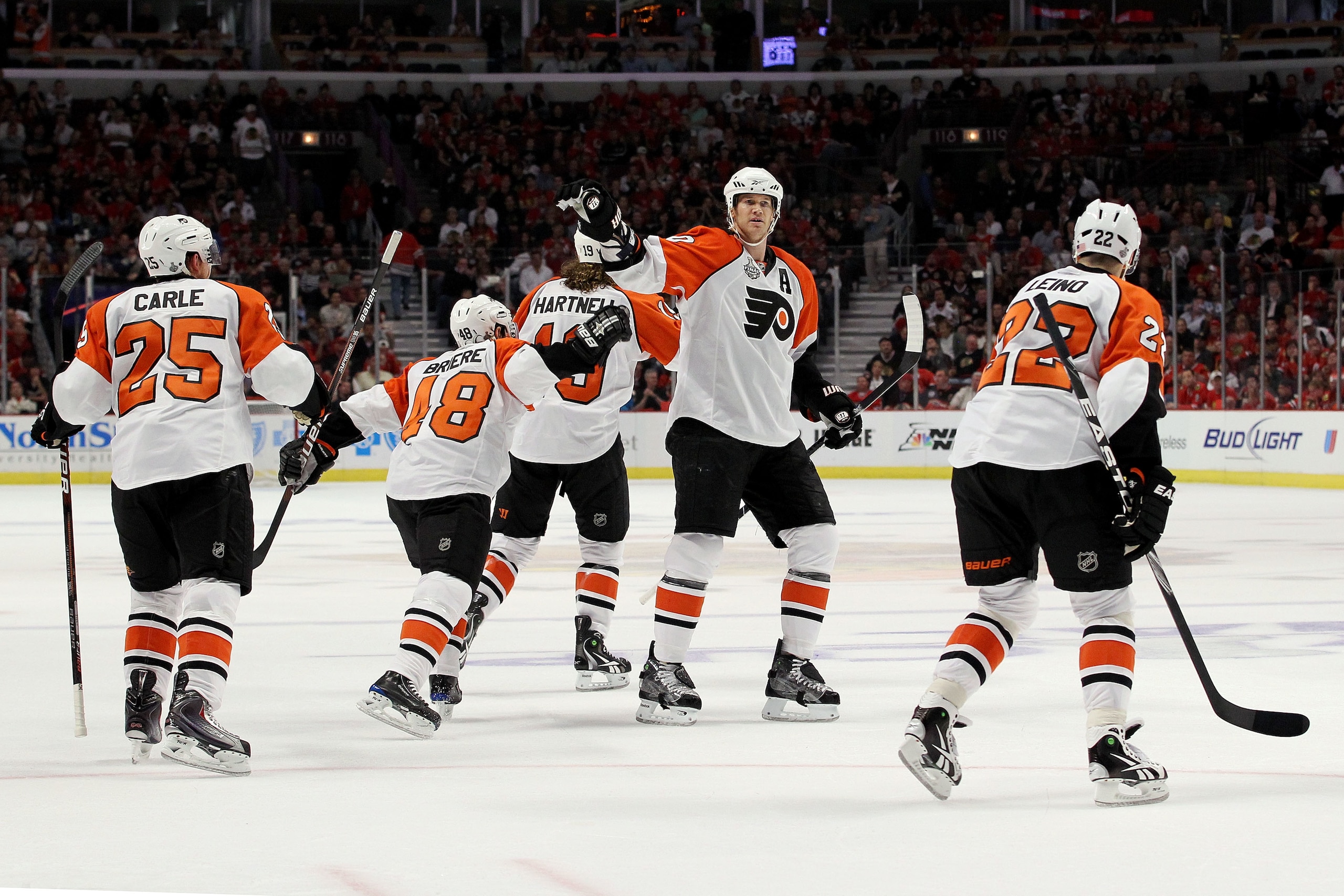 CHICAGO - MAY 29: Danny Briere #48 of the Philadelphia Flyers celebrates with Chris Pronger #20 after scoring a goal in the first period against the Chicago Blackhawks in Game One of the 2010 NHL Stanley Cup Final at the United Center on May 29, 2010 in CHICAGO - MAY 29: Danny Briere #48 of the Philadelphia Flyers celebrates with Chris Pronger #20 after scoring a goal in the first period against the Chicago Blackhawks in Game One of the 2010 NHL Stanley Cup Final at the United Center on May 29, 2010 in