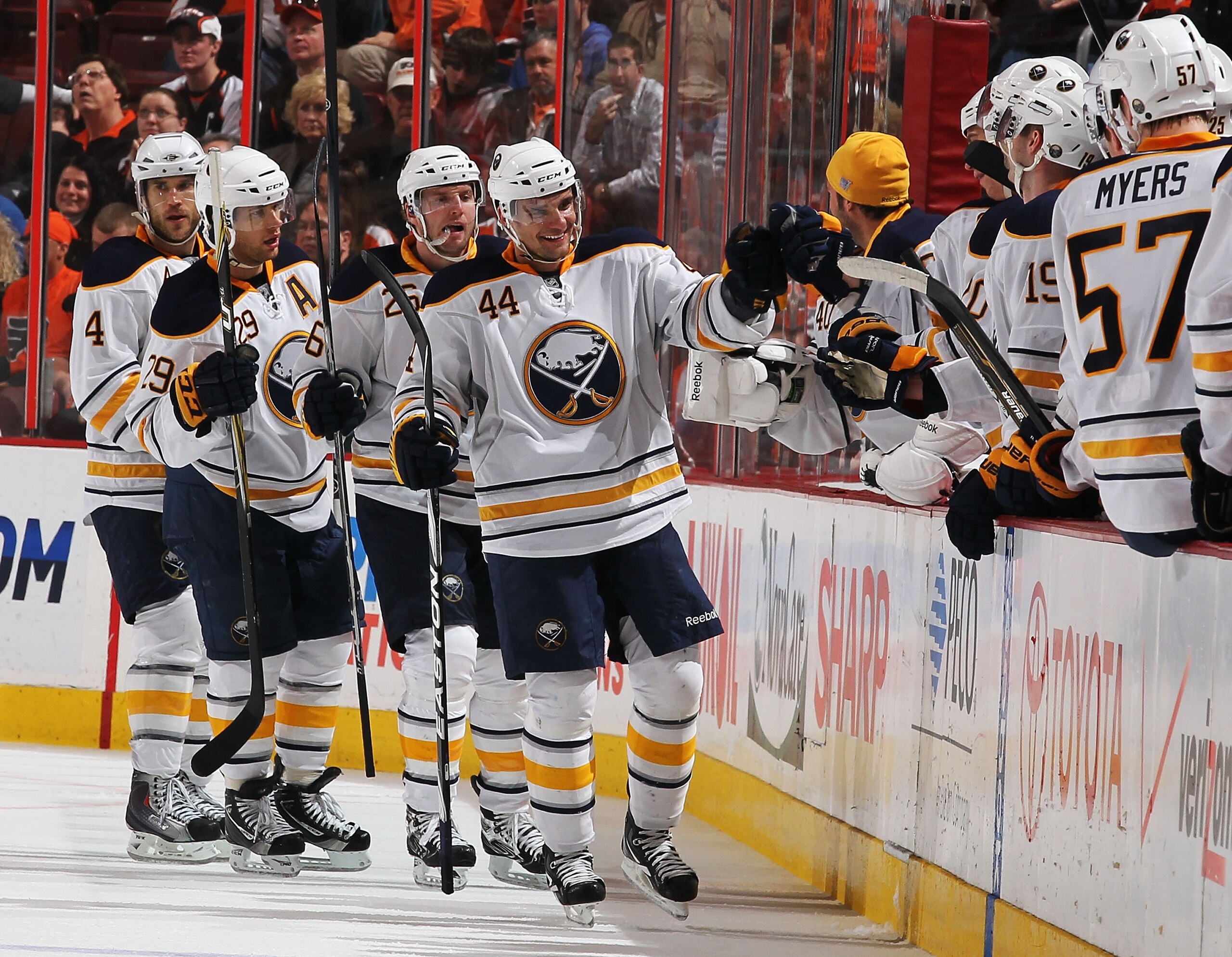 PHILADELPHIA - MARCH 05: Andrej Sekera #44 of the Buffalo Sabres celebrates his goal with teamates against The Philadelphia Flyers during their game on March 5, 2011 at The Wells Fargo Center in Philadelphia, Pennsylvania. (Photo by Al Bello/Getty Imag PHILADELPHIA - MARCH 05: Andrej Sekera #44 of the Buffalo Sabres celebrates his goal with teamates against The Philadelphia Flyers during their game on March 5, 2011 at The Wells Fargo Center in Philadelphia, Pennsylvania. (Photo by Al Bello/Getty Imag