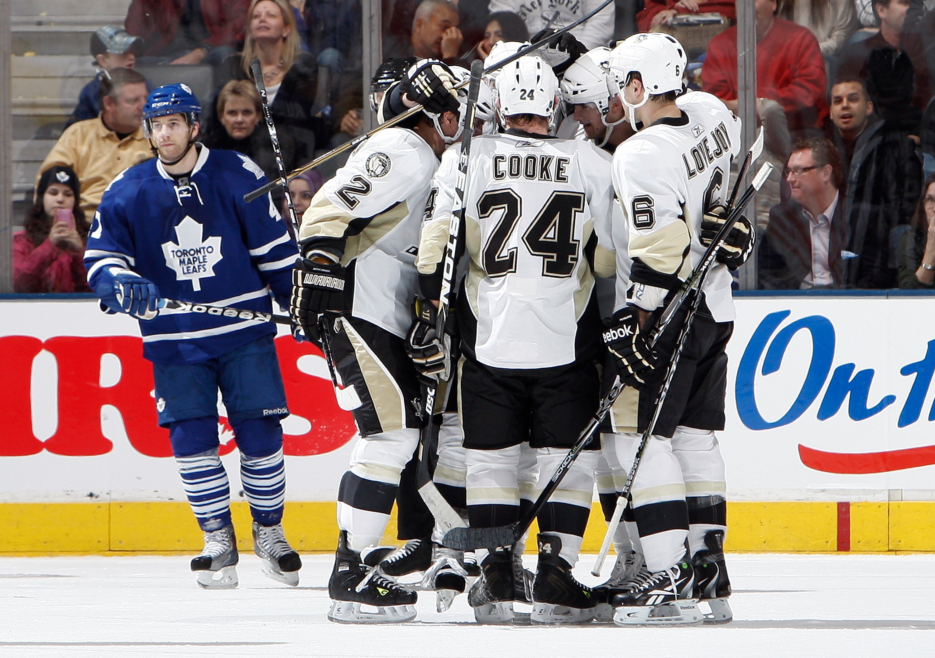TORONTO, CANADA - FEBRUARY 26: The Pittsburgh Penguins celebrate goal during game action against the Toronto Maple Leafs at the Air Canada Centre February 26, 2011 in Toronto, Ontario, Canada. (Photo by Abelimages/Getty Images)