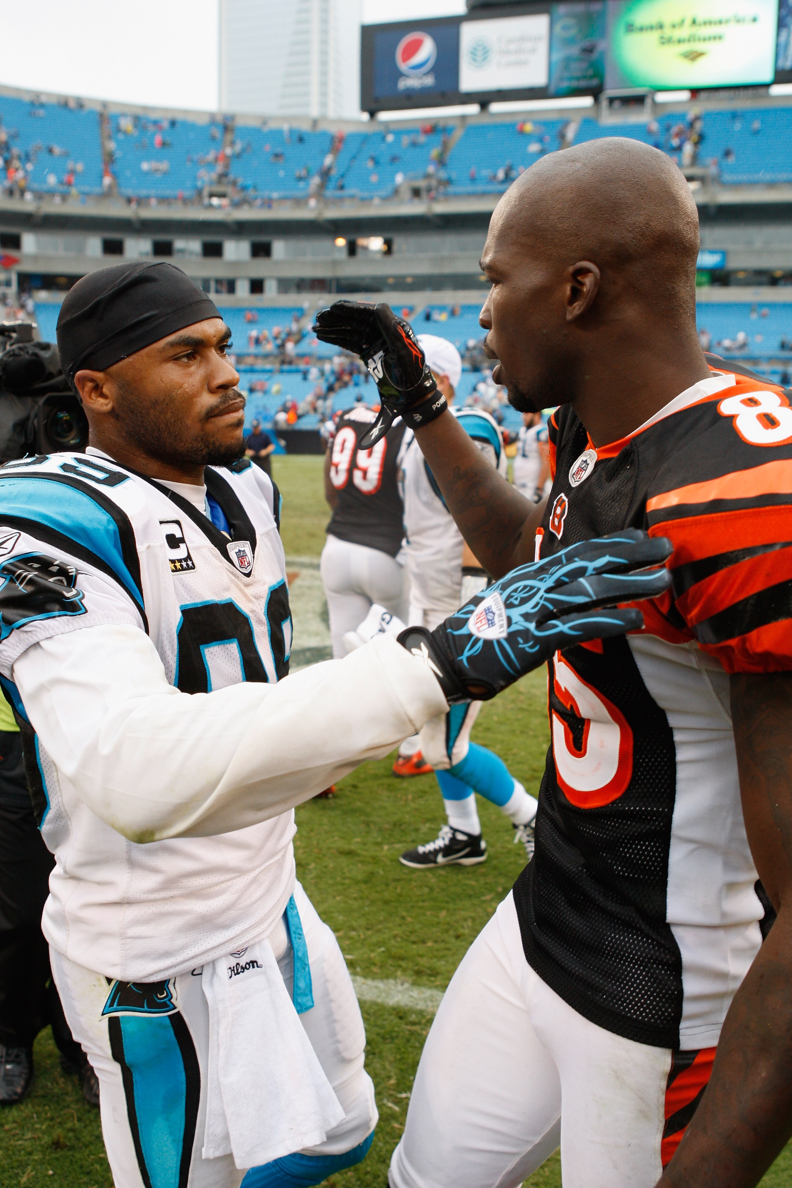 CHARLOTTE, NC - SEPTEMBER 26:  Chad Ochocinco #85 of the Cincinnati Bengals shakes hands with Steve Smith #85 of the Carolina Panthers after defeating the Panthers 20-7 at Bank of America Stadium on September 26, 2010 in Charlotte, North Carolina.  (Photo