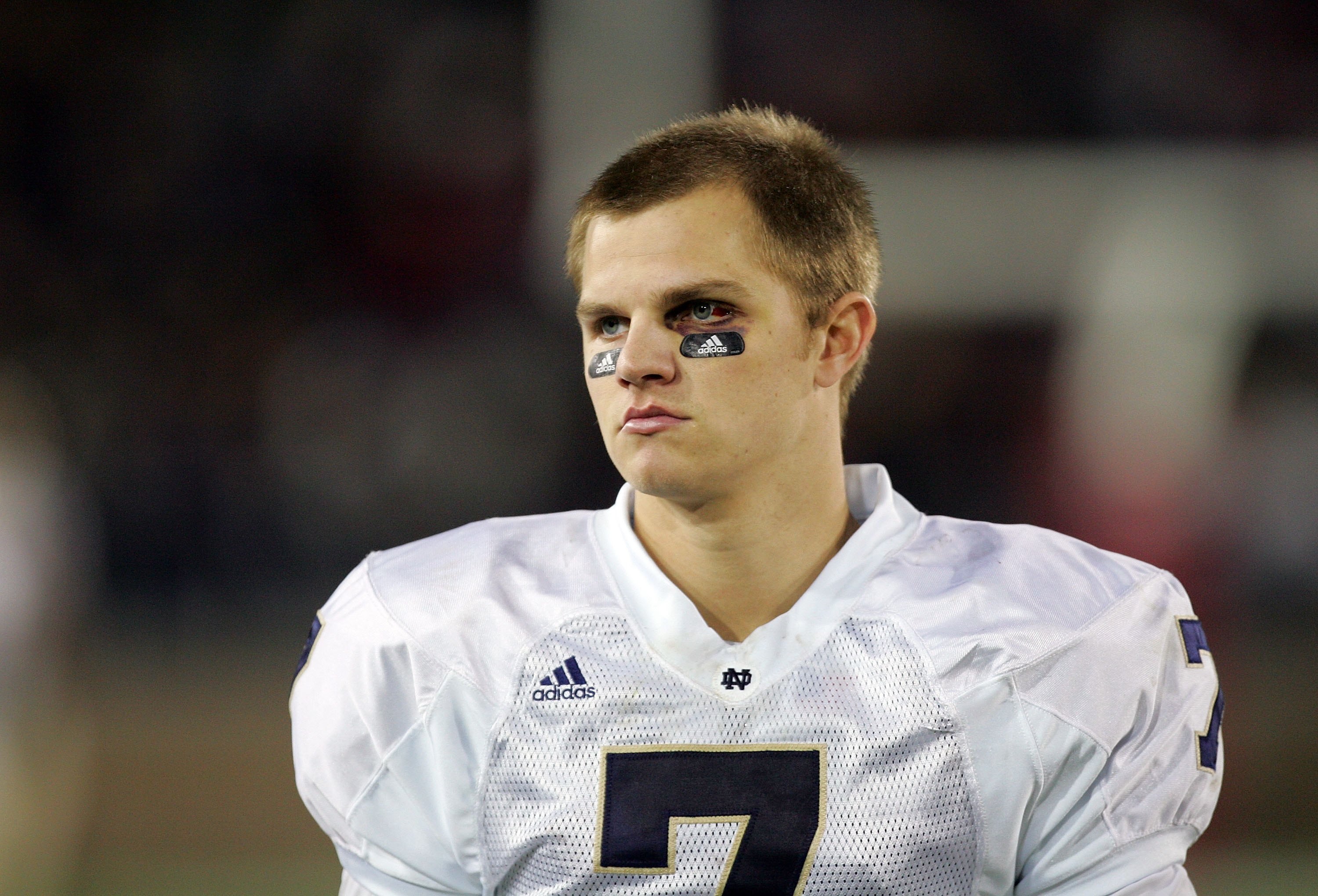 PALO ALTO, CA - NOVEMBER 28:  Jimmy Clausen #7 of the Notre Dame Fighting Irish walks the sideline during their game against the Stanford Cardinal at Stanford Stadium on November 28, 2009 in Palo Alto, California.  (Photo by Ezra Shaw/Getty Images)