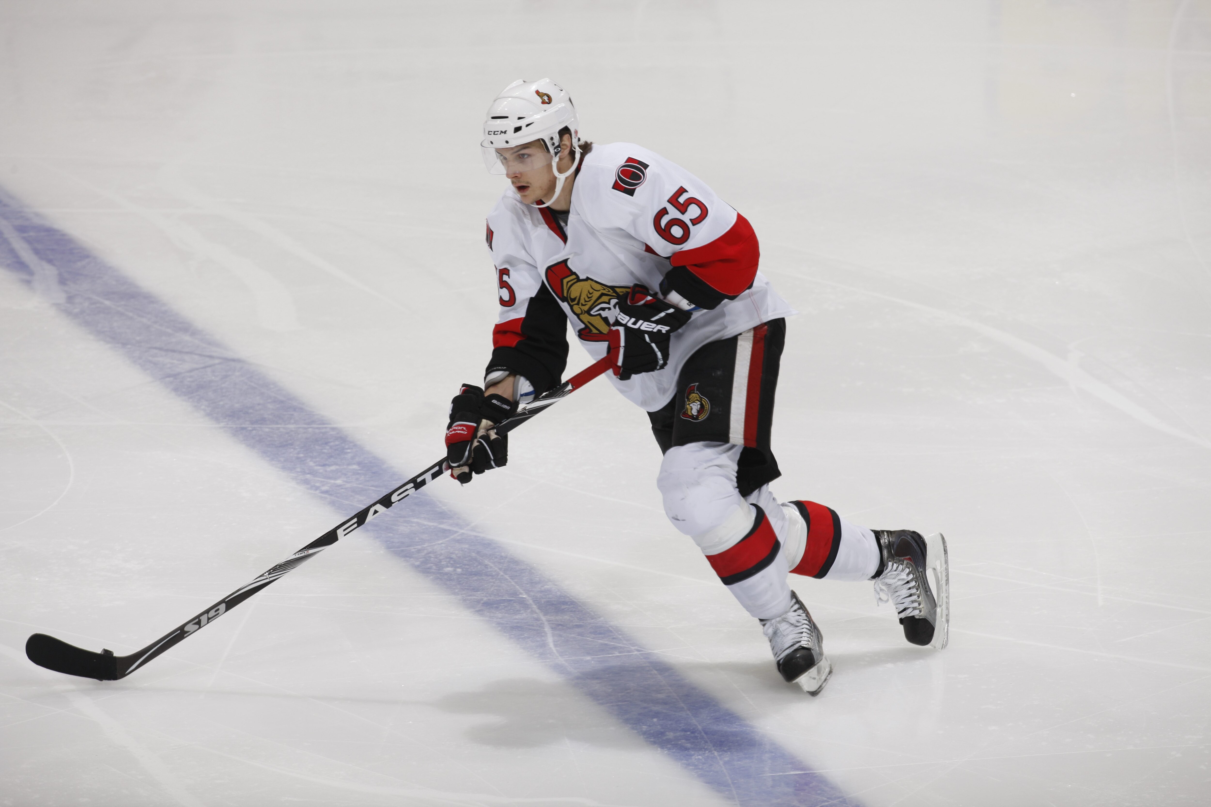 CALGARY, CANADA - FEBRUARY 9: Erik Karlsson #65 of the Ottawa Senators skates against the Calgary Flames on February 9, 2011 at Scotiabank Saddledome in Calgary, Alberta, Canada. (Photo by Dale MacMillan/Getty Images)