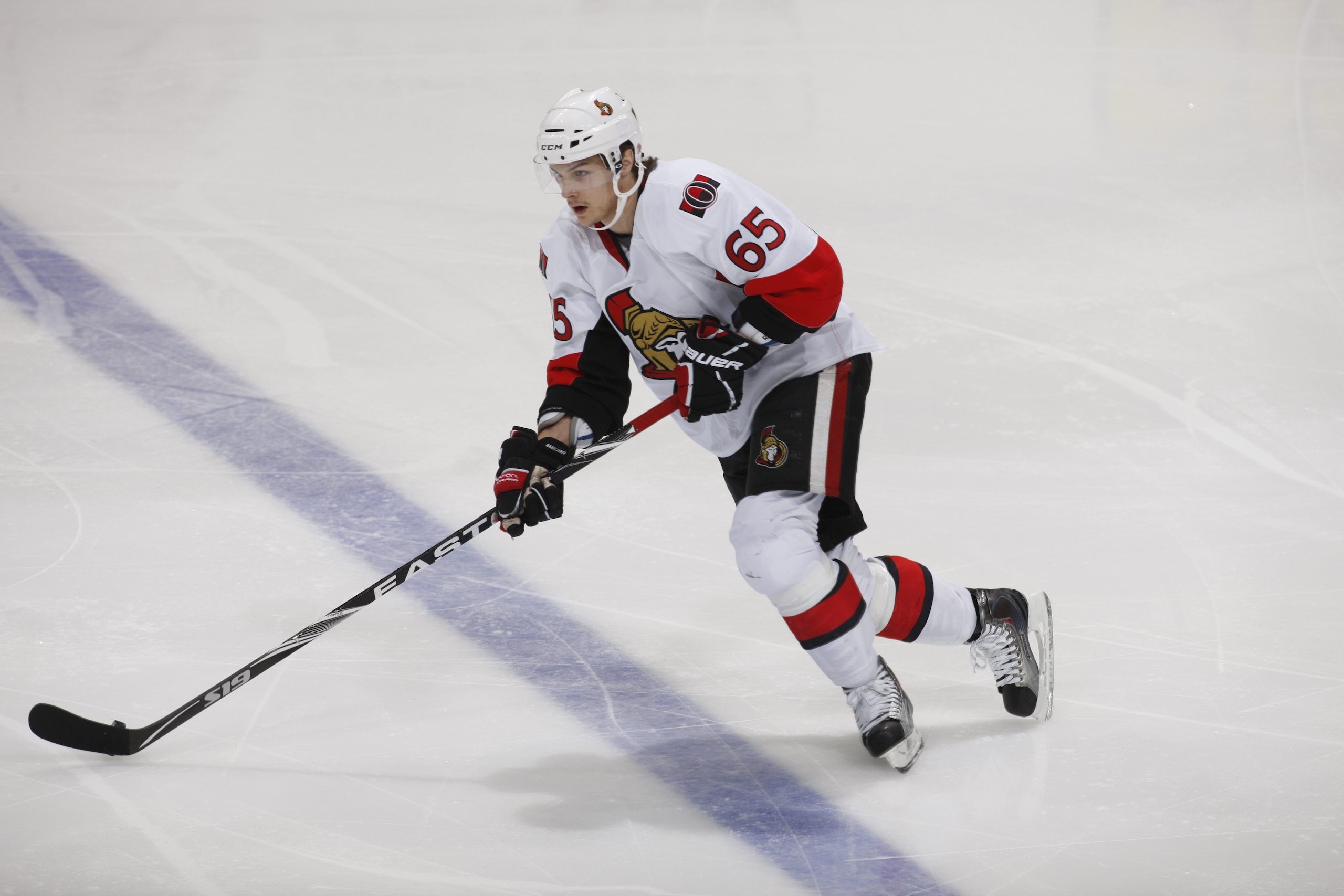 CALGARY, CANADA - FEBRUARY 9: Erik Karlsson #65 of the Ottawa Senators skates against the Calgary Flames on February 9, 2011 at Scotiabank Saddledome in Calgary, Alberta, Canada. (Photo by Dale MacMillan/Getty Images)