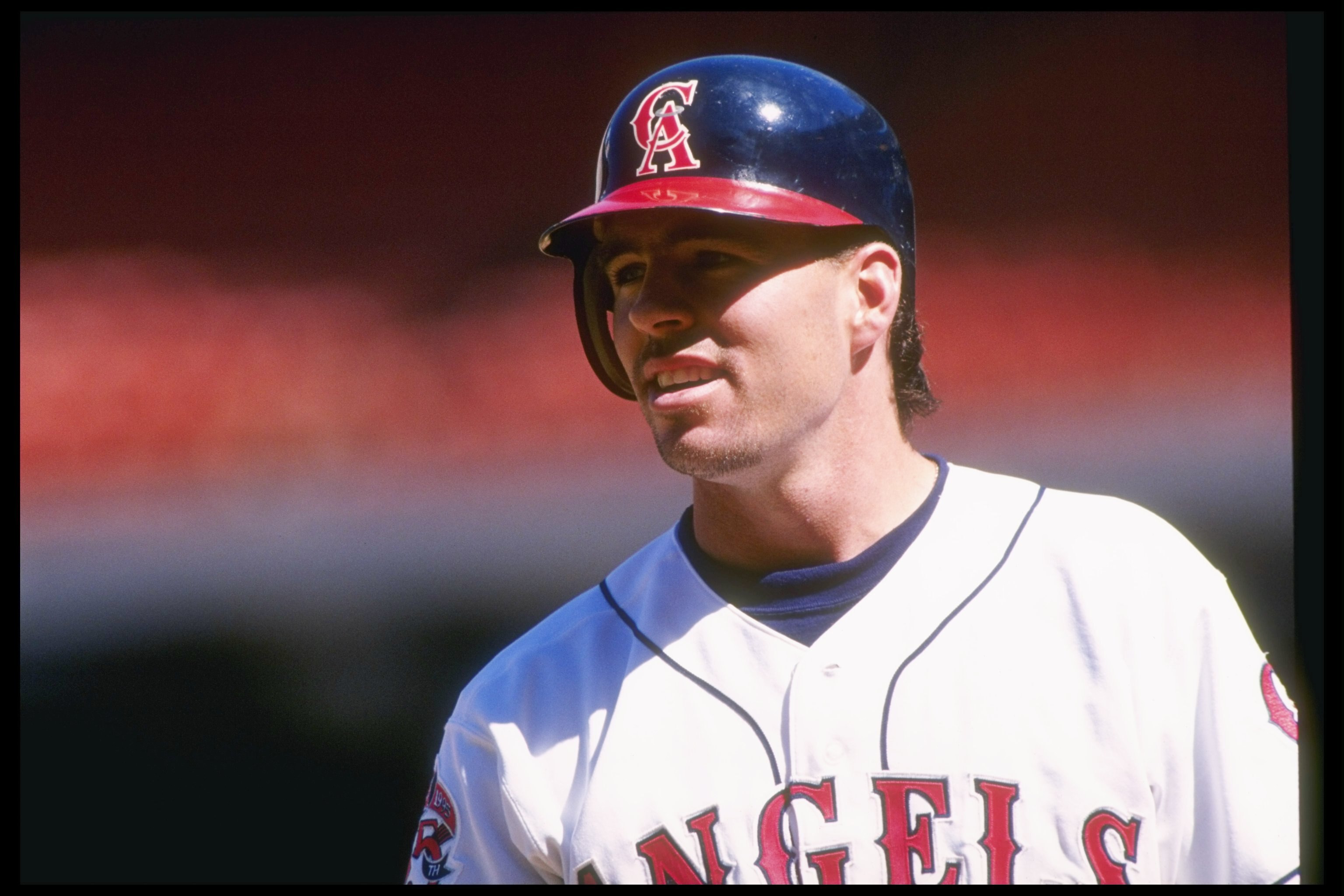 10 Sep 1995:  Jim Edmonds of the California Angels stands on base during a game against the Minnesota Twins at Anaheim Stadium in Anaheim, California.  The Twins won the game 9-8. Mandatory Credit: J.D. Cuban  /Allsport
