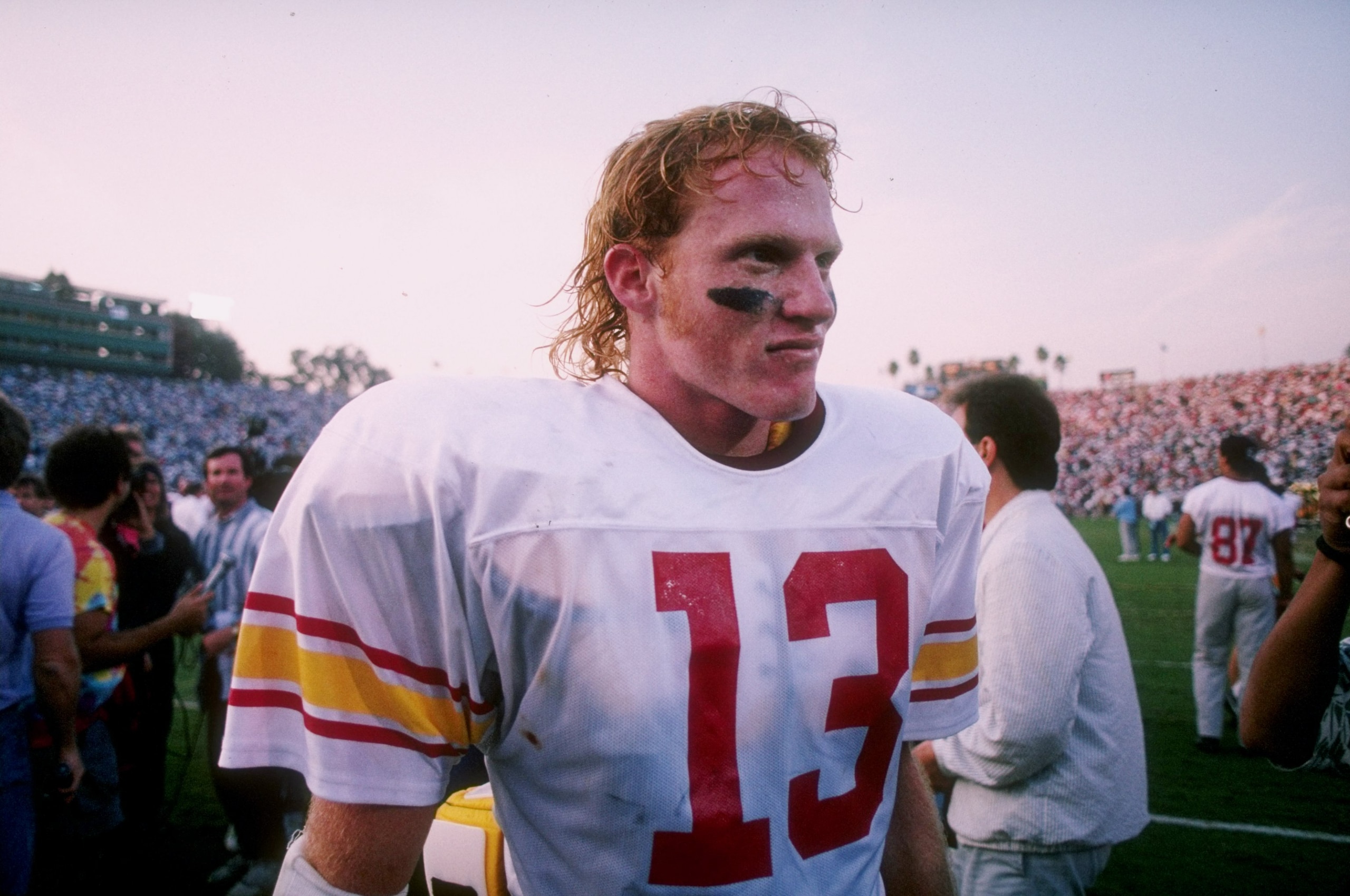 17 Nov 1990:  Quarterback Todd Marinovich of the USC Trojans celebrates after the Trojans 45-42 victory over the UCLA Bruins at the Rose Bowl in Pasadena, California. Mandatory Credit: Stephen Wade  /Allsport