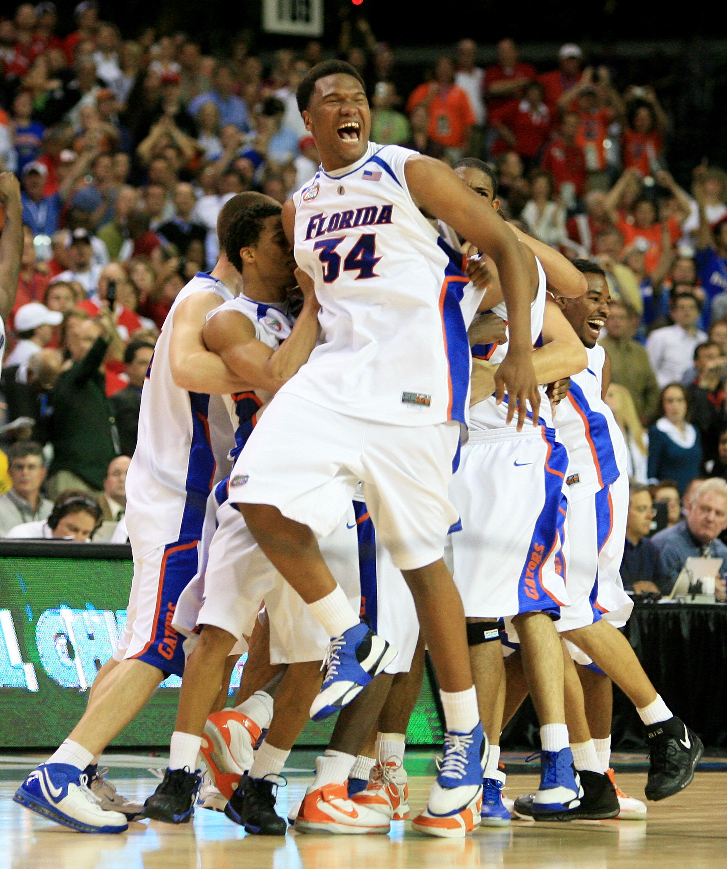 ATLANTA - APRIL 02:  Marreese Speights #34 of the Florida Gators celebrates after defeating the Ohio State Buckeyes during the NCAA Men's Basketball Championship game at the Georgia Dome on April 2, 2007 in Atlanta, Georgia.  (Photo by Streeter Lecka/Gett