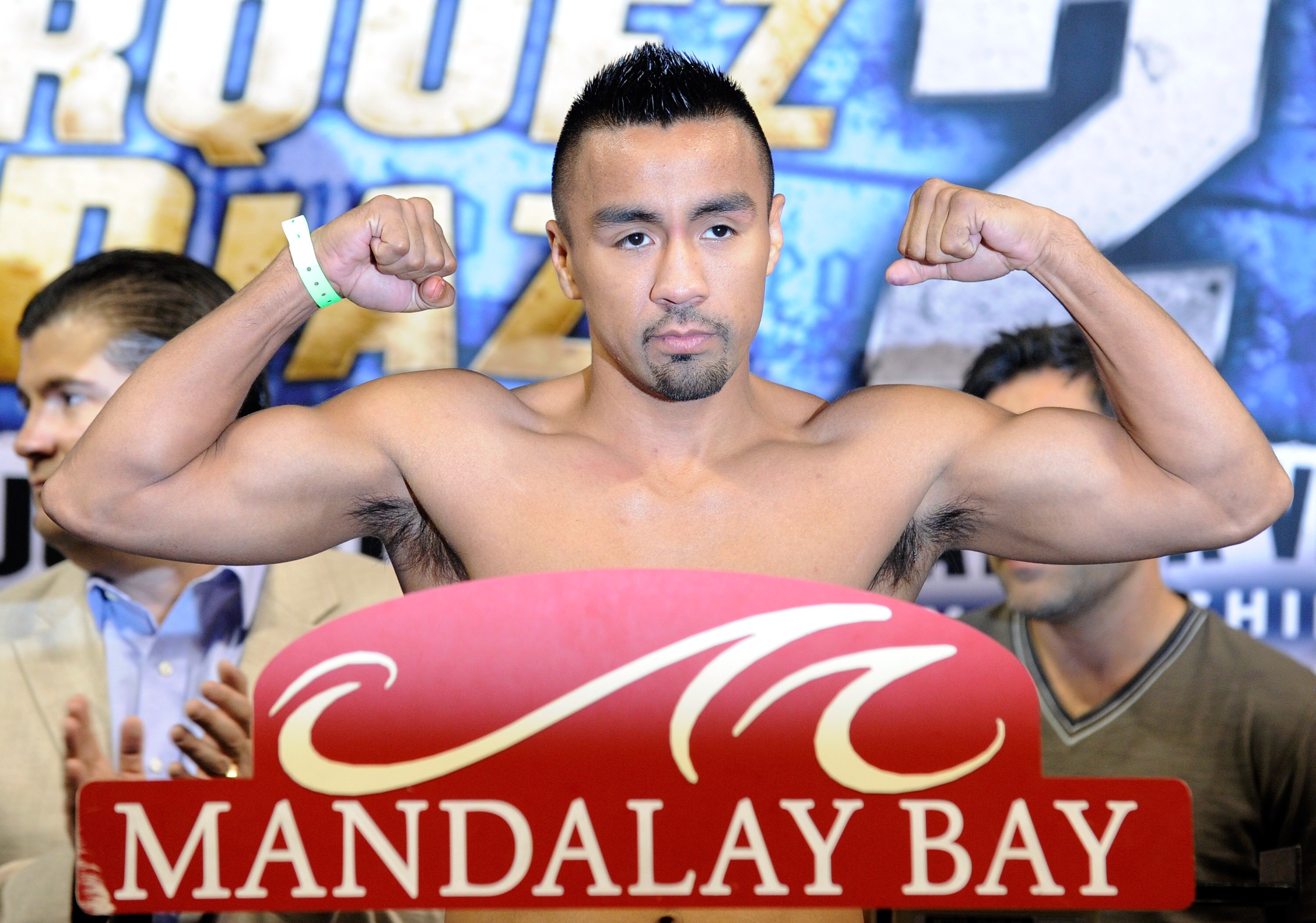 LAS VEGAS - JULY 30:  Rocky Juarez poses on the scale during the official weigh-in for his lightweight fight against Jorge Linares at the Mandalay Bay Events Center July 30, 2010 in Las Vegas, Nevada.  (Photo by Ethan Miller/Getty Images)