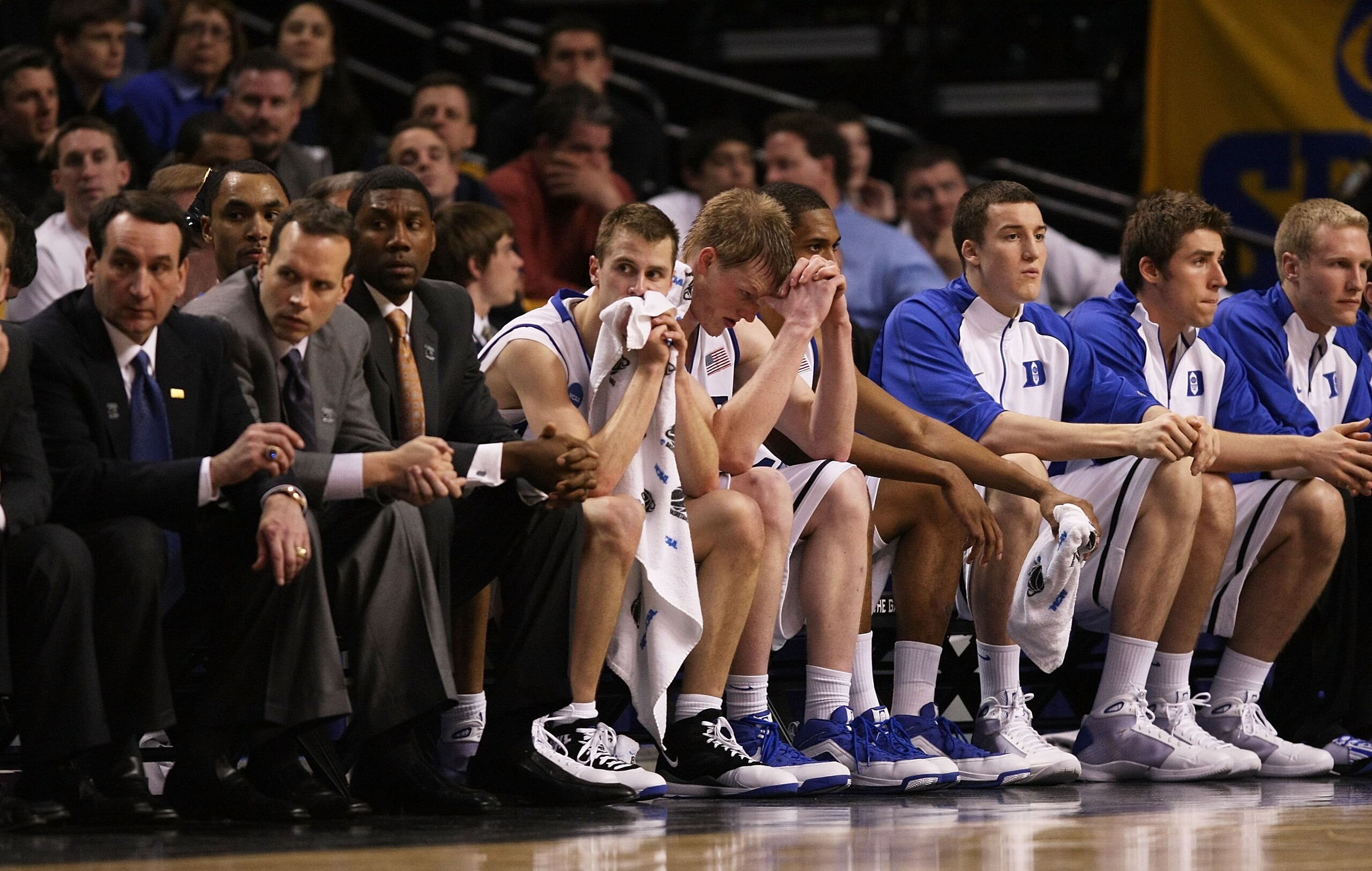 BOSTON - MARCH 26: The Duke Blue Devils sit dejected on their bench after losing to the Villanova Wildcats during the NCAA Men's Basketball Tournament East Regionals at TD Banknorth Garden on March 26, 2009 in Boston, Massachusetts. (Photo by Elsa/Getty BOSTON - MARCH 26: The Duke Blue Devils sit dejected on their bench after losing to the Villanova Wildcats during the NCAA Men's Basketball Tournament East Regionals at TD Banknorth Garden on March 26, 2009 in Boston, Massachusetts. (Photo by Elsa/Getty