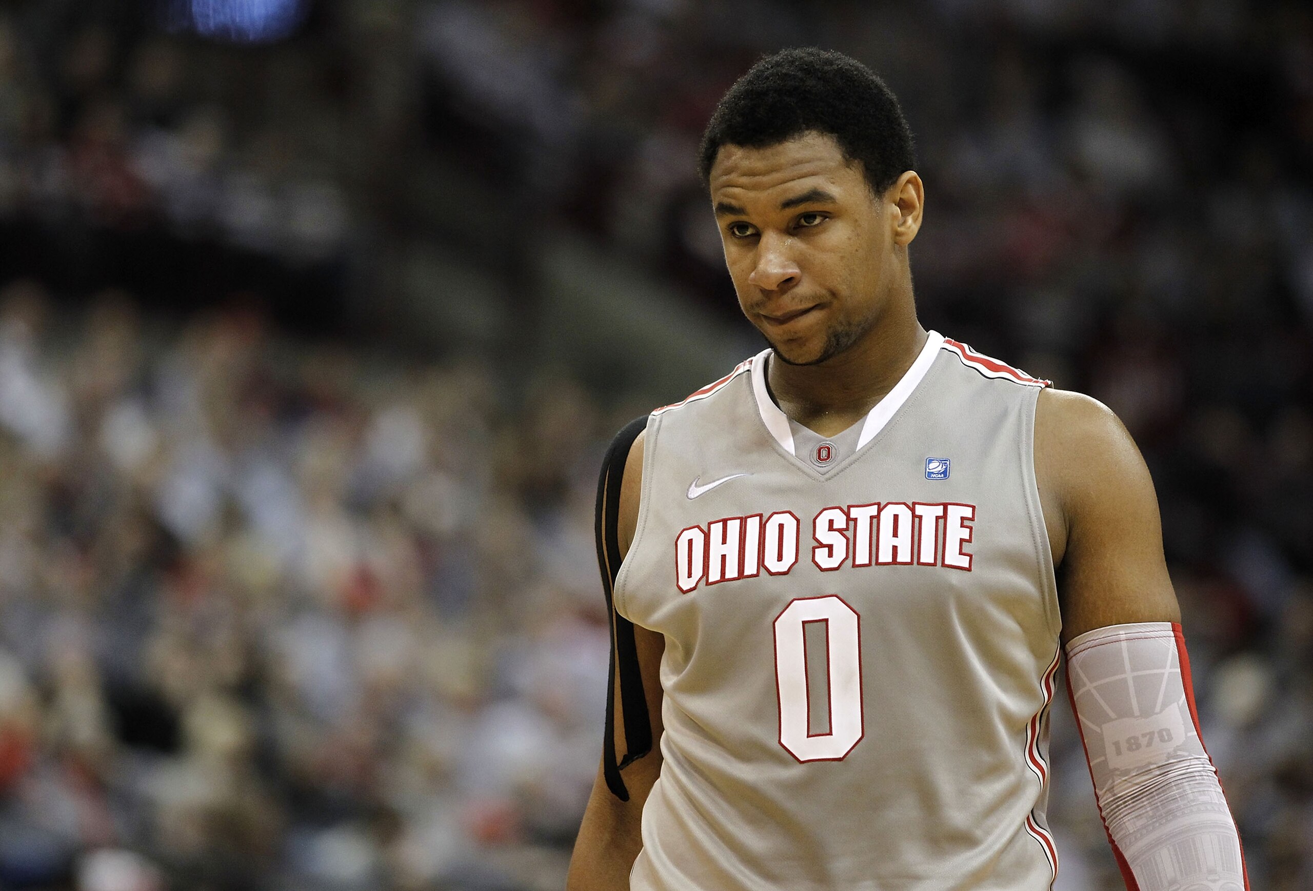 COLUMBUS, OH - MARCH 06:  Jared Sullinger #0 of the Ohio State Buckeyes looks on while playing the Wisconsin Badgers on March 6, 2011 at the Value City Arena in Columbus, Ohio. Ohio State won the game 93-65. (Photo by Gregory Shamus/Getty Images)