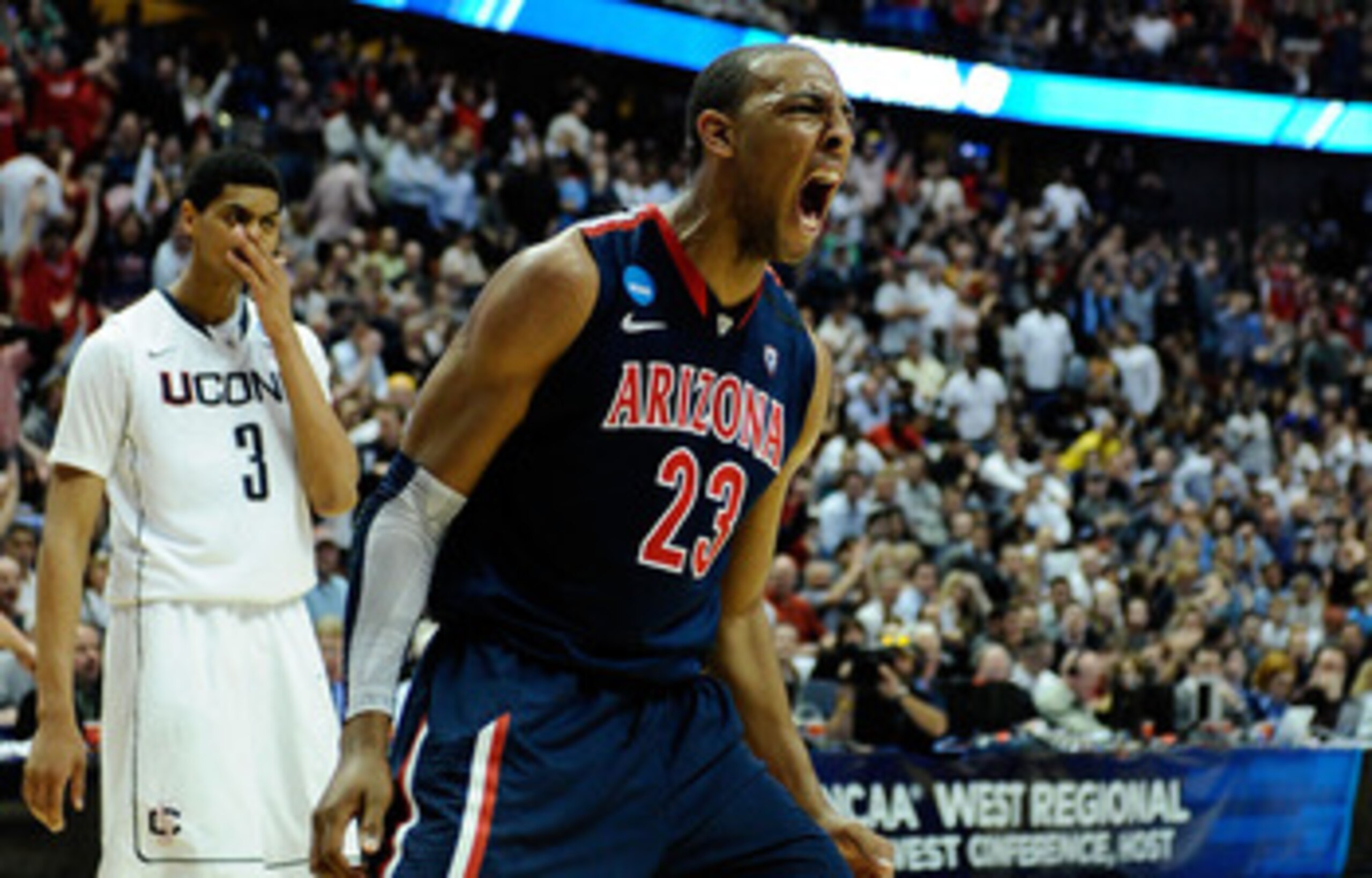 ANAHEIM, CA - MARCH 26:  Derrick Williams #23 of the Arizona Wildcats reacts after a dunk against of the Connecticut Huskies during the west regional final of the 2011 NCAA men's basketball tournament at the Honda Center on March 26, 2011 in Anaheim, Cali