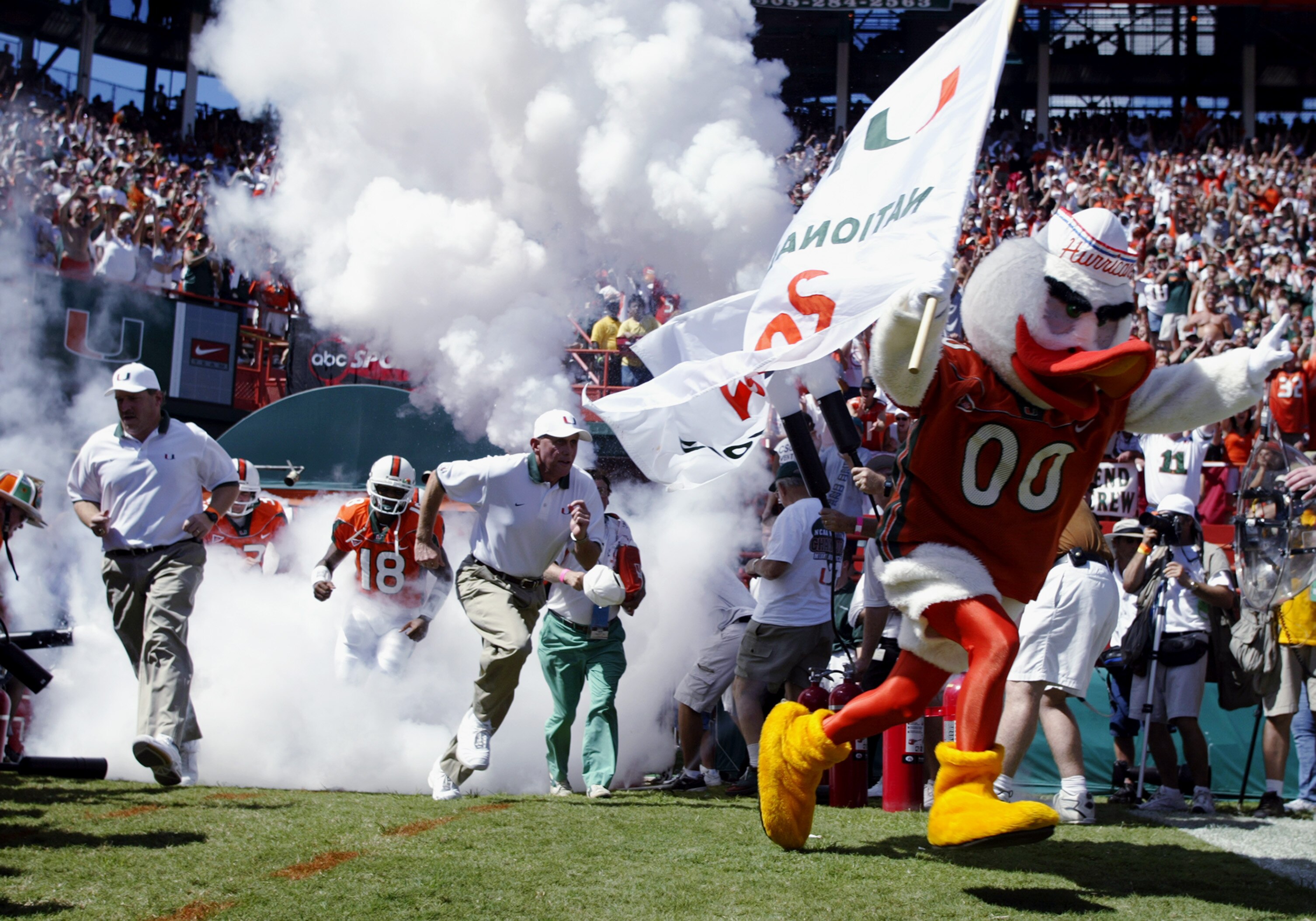 MIAMI - OCTOBER 12:   Miami Hurricanes mascot Sebastian the Ibis leads the team onto the field before the game against Florida State on October 12, 2002 at the Orange Bowl in Miami, Florida.  Miami edged Florida State 28-27.  (Photo by Andy Lyons/Getty Im