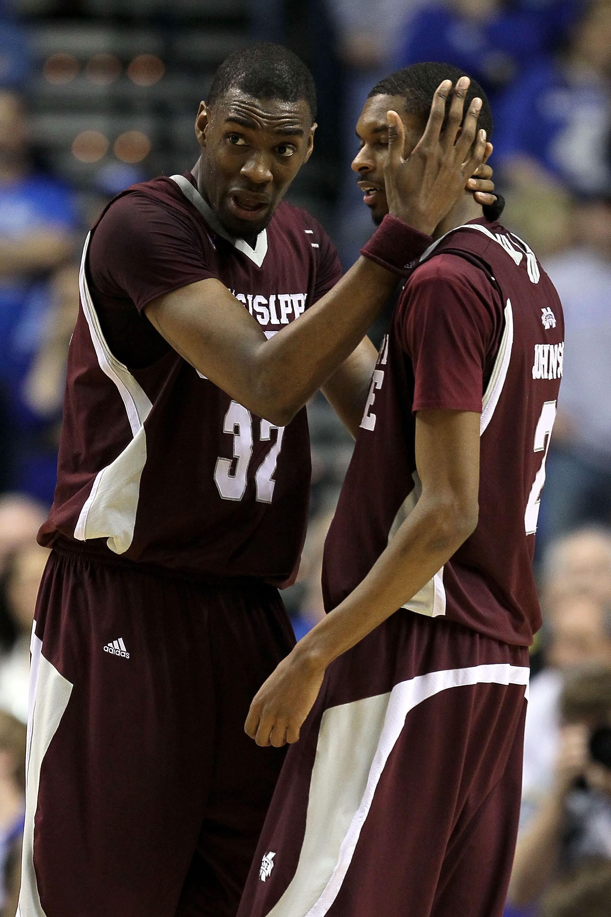 NASHVILLE, TN - MARCH 14:  (L-R) Jarvis Varnado #32 and Ravern Johnson #2 of the Mississippi State Bulldogs talk in the final minute of regulation against the Kentucky Wildcats during the final of the SEC Men's Basketball Tournament at the Bridgestone Are