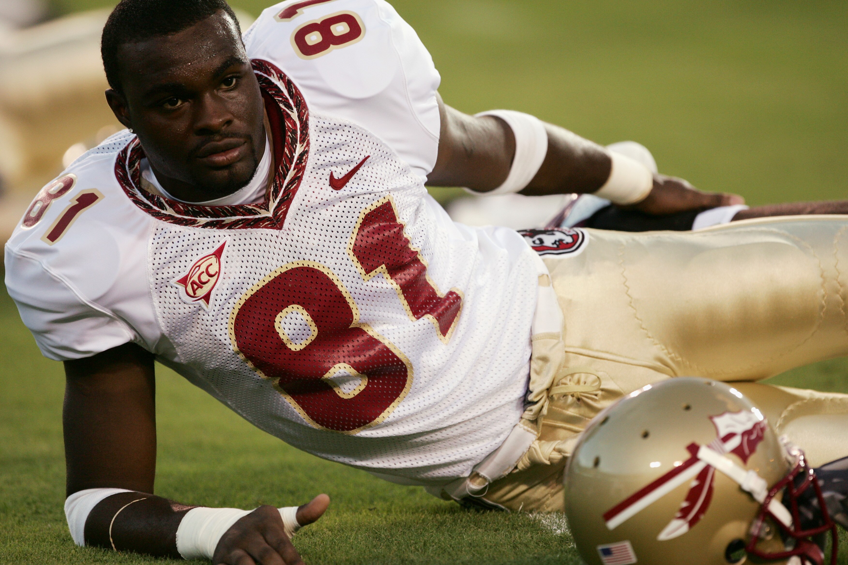 MIAMI - September 10: University of Miami Hurricane Decody Fagg #81 stretches prior to the game against the Florida State Seminoles.  The Hurricanes won in overtime 16-10 on September 10, 2004 at the Orange Bowl Stadium in Miami, Florida. (Photo by Robert