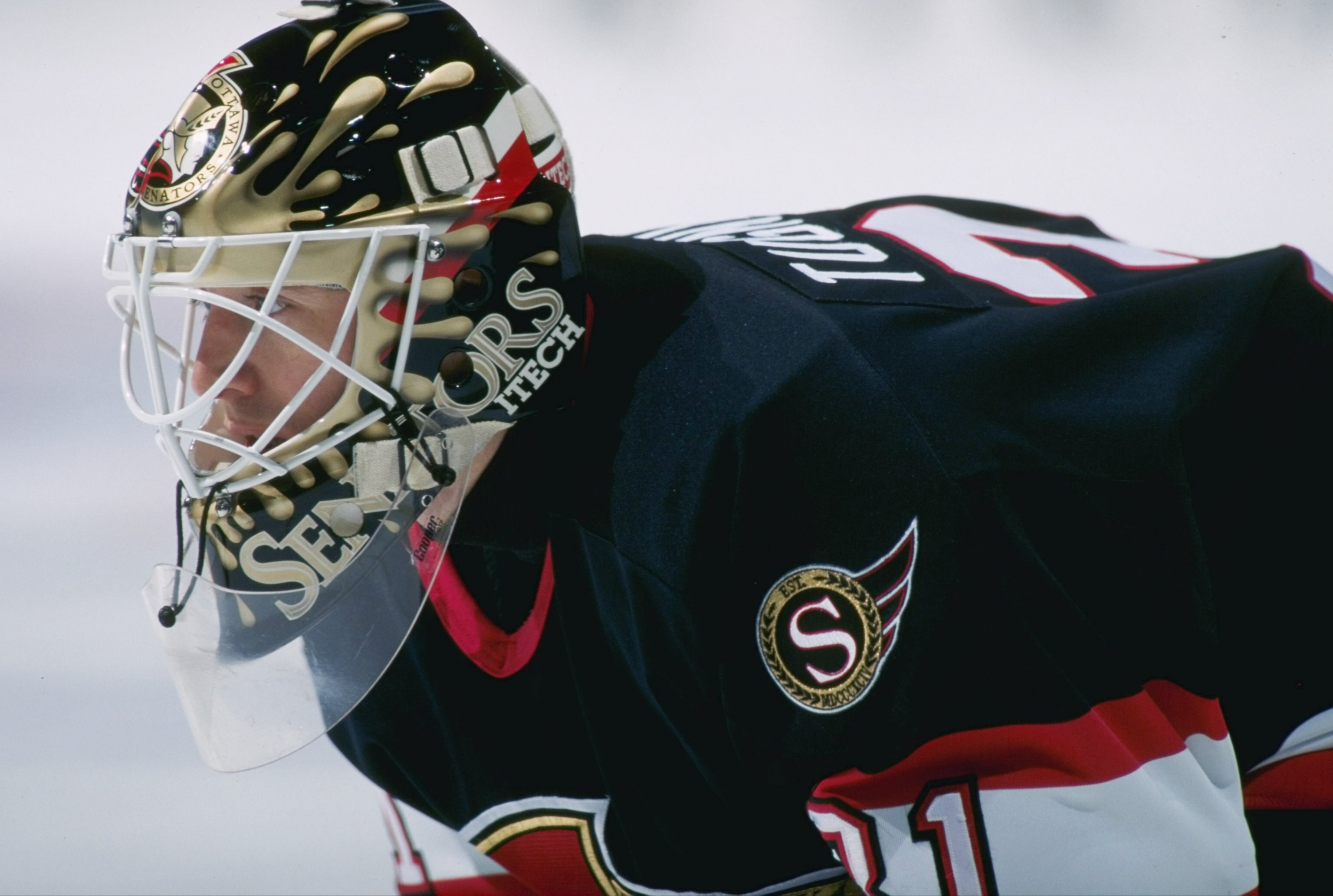 15 Mar 1997: Goaltender Ron Tugnutt of the Ottawa Senators looks on during a game against the Montreal Canadiens at The Forum in Montreal, Quebec. The game was a tie, 2-2.
