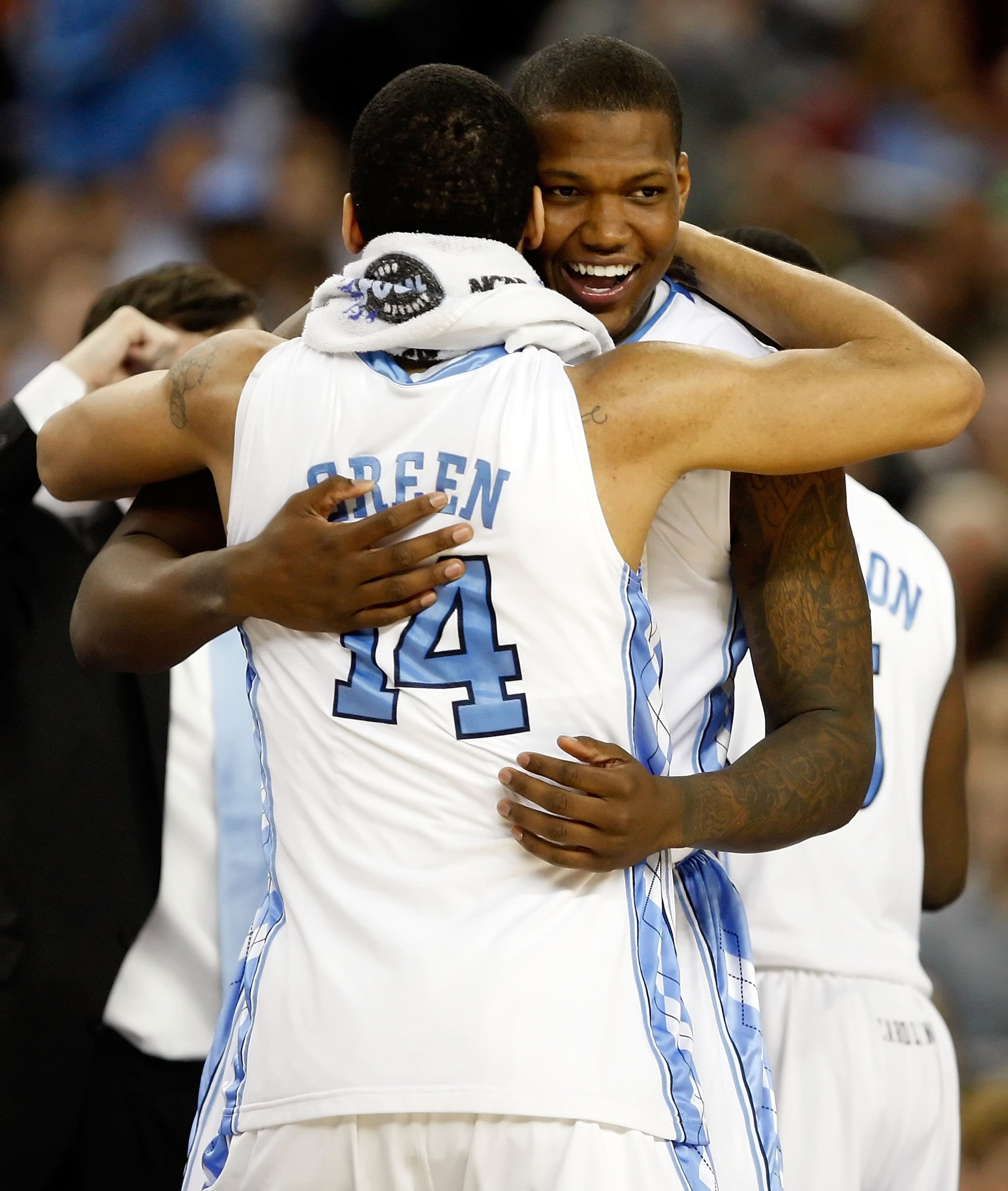 DETROIT - APRIL 06:  Deon Thompson #21 and Danny Green #14 of the North Carolina Tar Heels celebrate after the Tar Heels 89-72 win against the Michigan State Spartans during the 2009 NCAA Division I Men's Basketball National Championship game at Ford Fiel