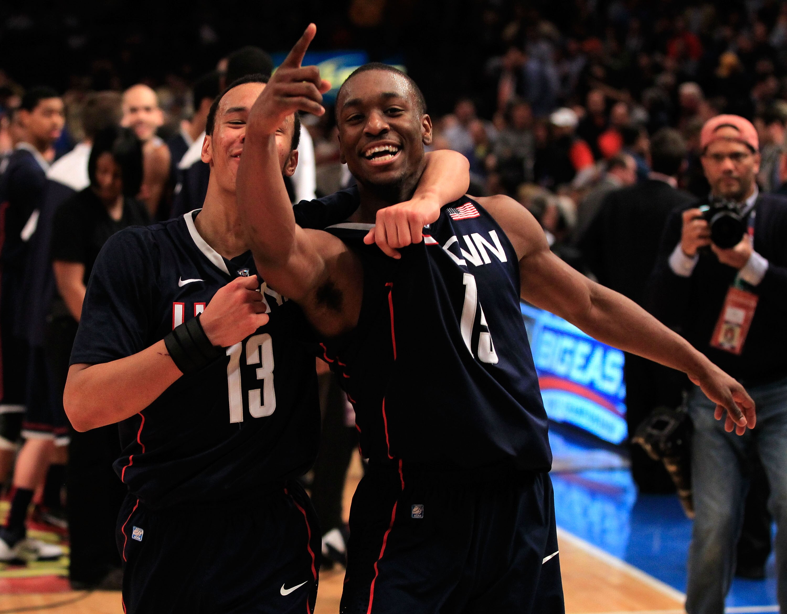 NEW YORK, NY - MARCH 10: Shabazz Napier #13 and Kemba Walker #15 of the Connecticut Huskies celebrate after defeating the Pittsburgh Panthers during the quarterfinals of the 2011 Big East Men's Basketball Tournament presented by American Eagle Outfitters NEW YORK, NY - MARCH 10: Shabazz Napier #13 and Kemba Walker #15 of the Connecticut Huskies celebrate after defeating the Pittsburgh Panthers during the quarterfinals of the 2011 Big East Men's Basketball Tournament presented by American Eagle Outfitters