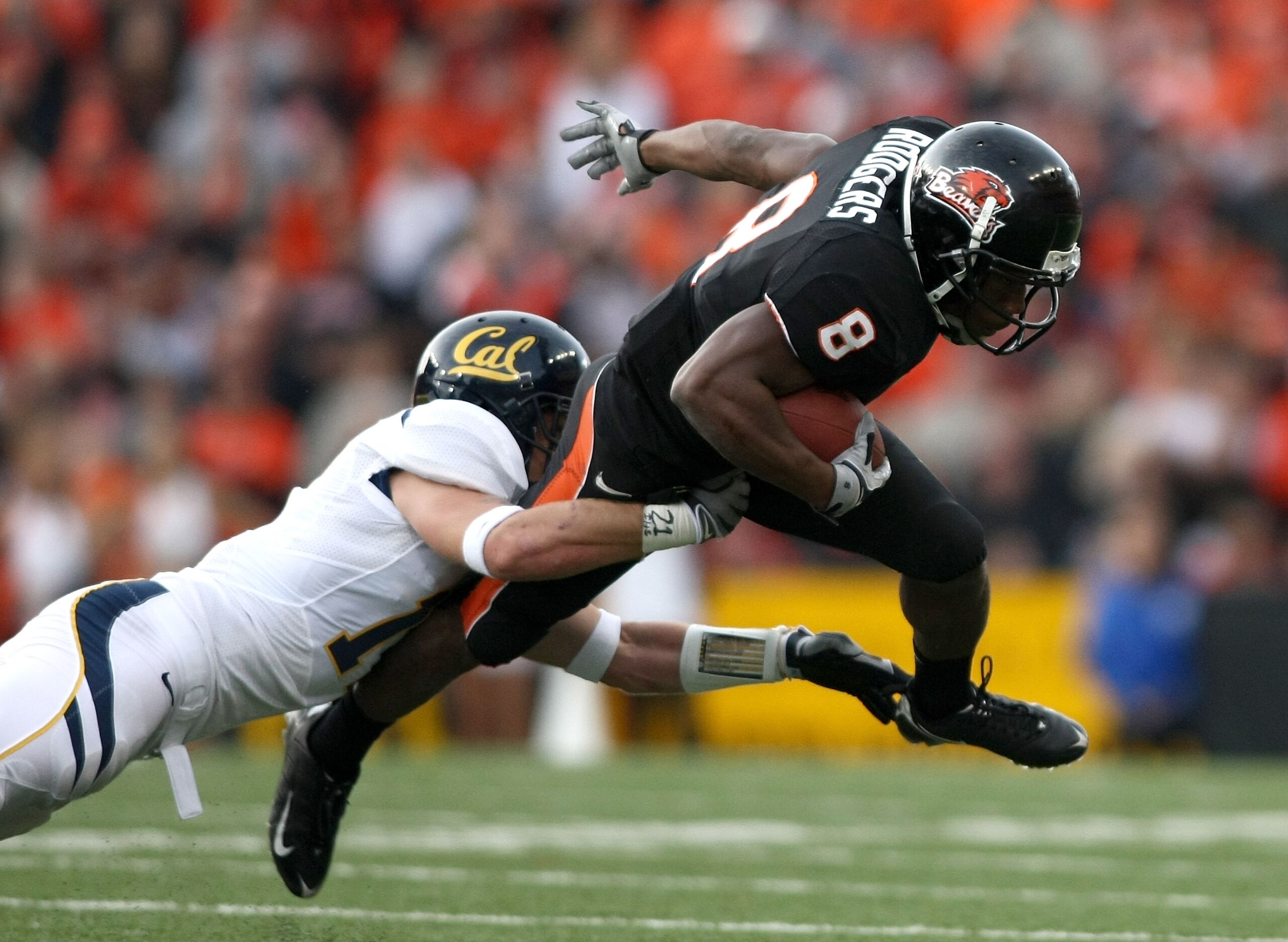 CORVALLIS, OR - NOVEMBER 15:  James Rodgers #8 of the Oregon State Beavers runs with the ball against Chris Conte #17 of the California Golden Bears at Reser Stadium on November 15, 2008 in Corvalis, Oregon.  (Photo by Jonathan Ferrey/Getty Images)